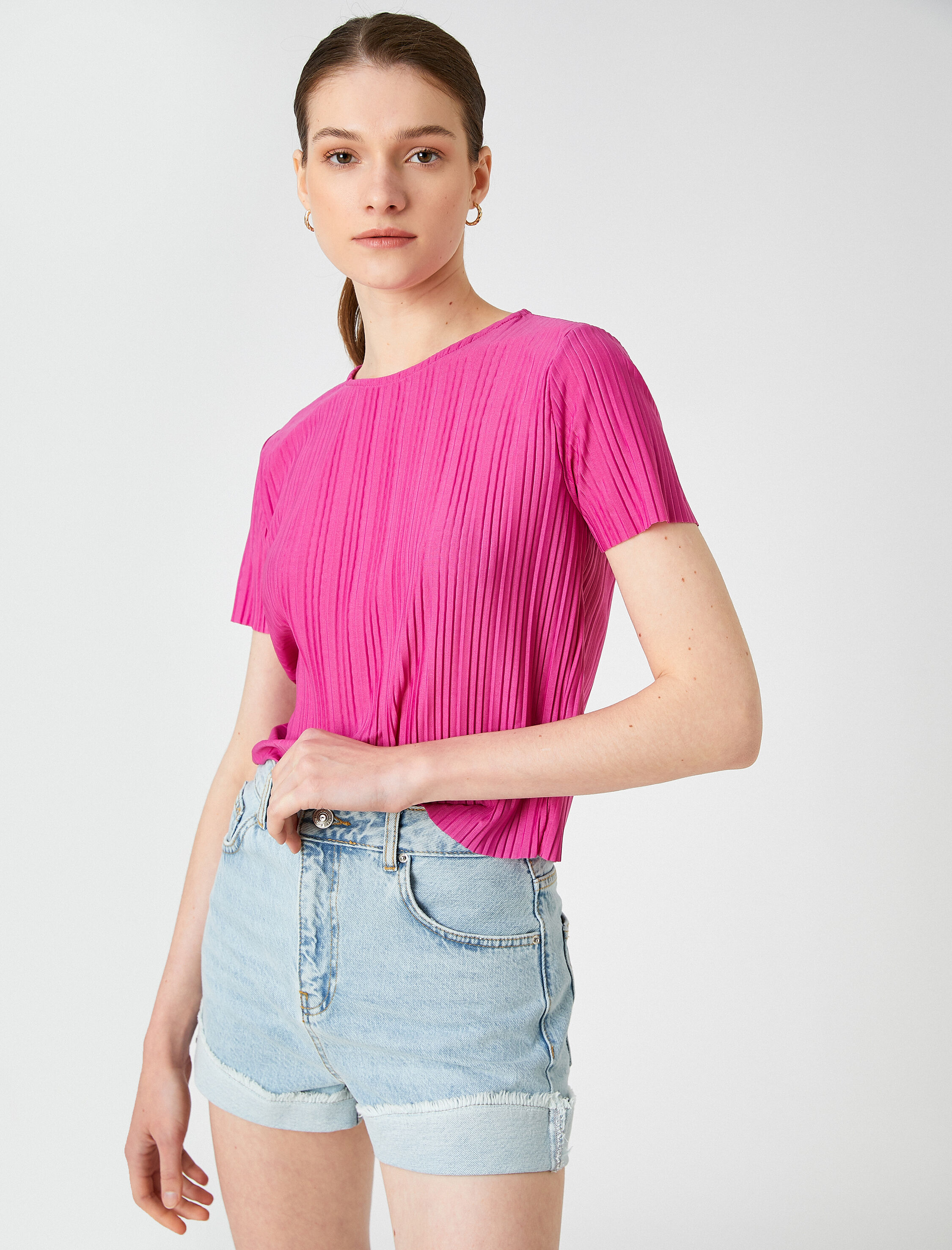   Çizgili Tişört Bisiklet Yaka Kısa Kollu