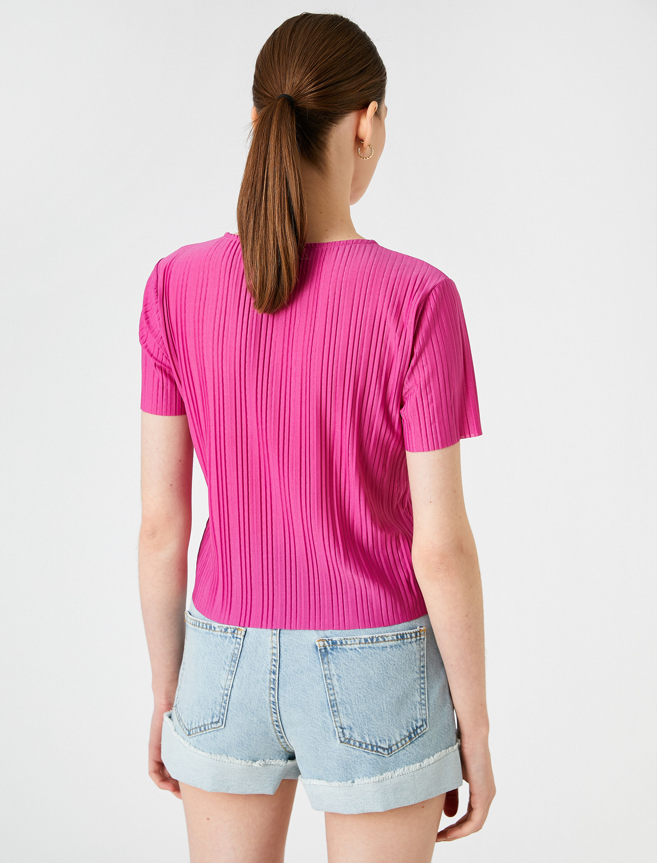   Çizgili Tişört Bisiklet Yaka Kısa Kollu