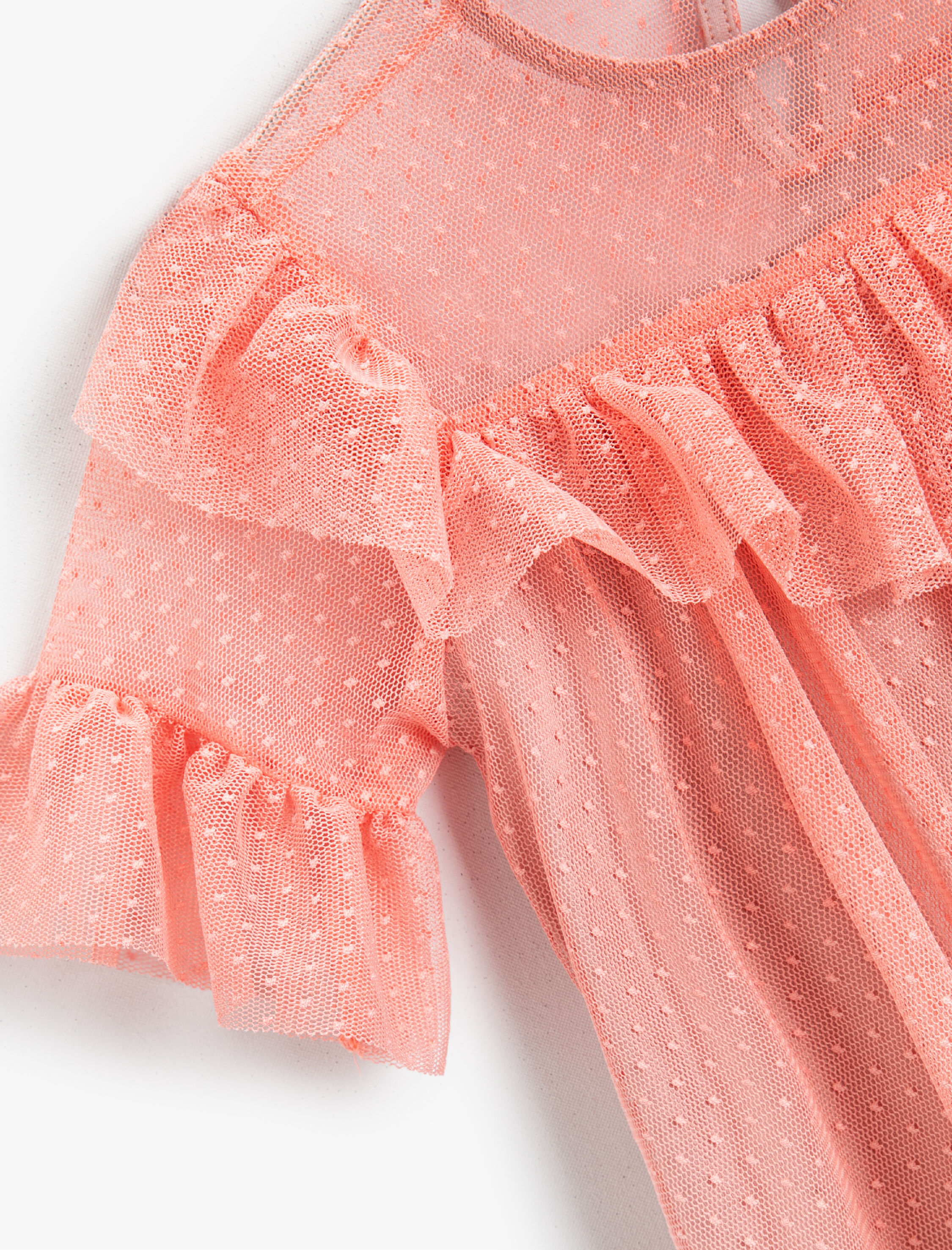  Kız Çocuk Kabarık Fırfırlı Kollu Tül Bisiklet Yaka Tişört