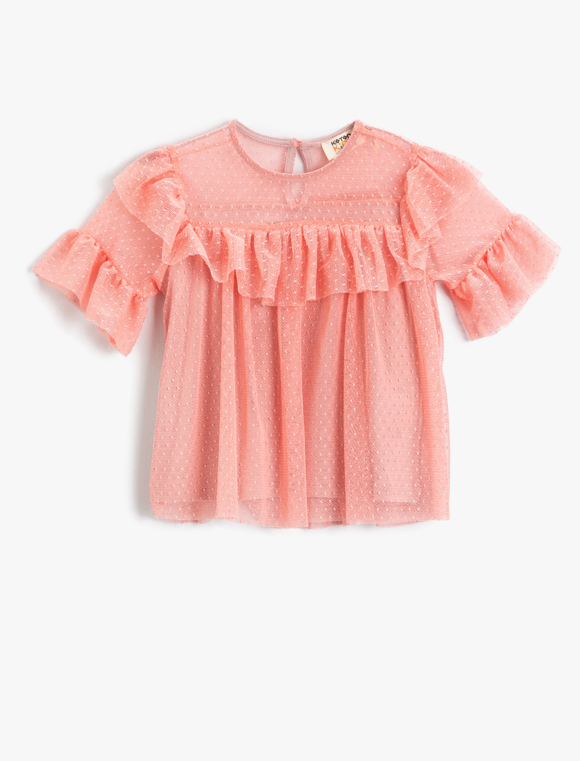  Kız Çocuk Kabarık Fırfırlı Kollu Tül Bisiklet Yaka Tişört