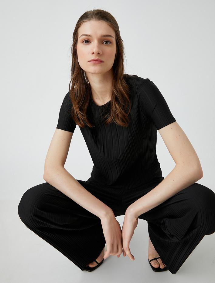  Çizgili Tişört Bisiklet Yaka Kısa Kollu