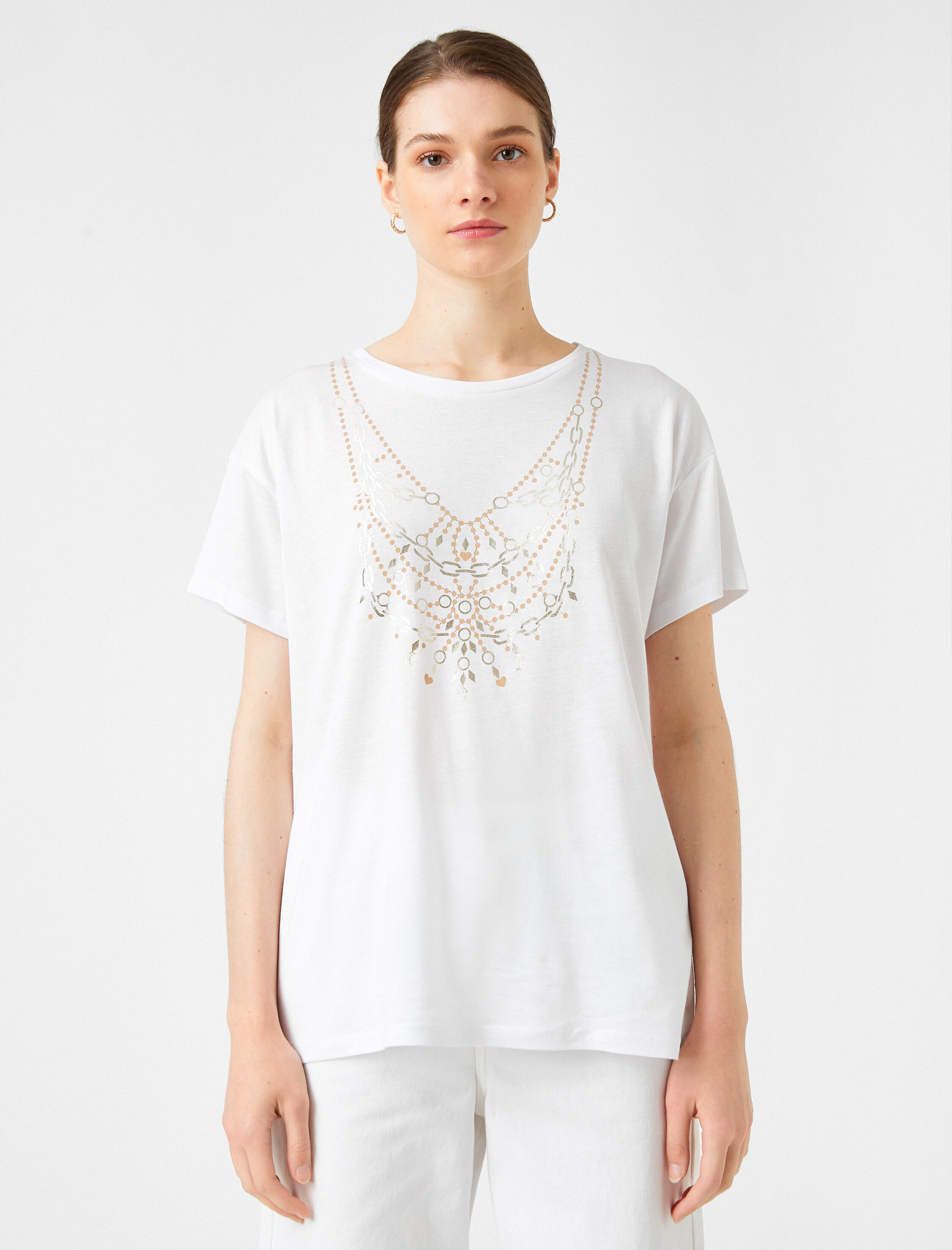   Baskılı Tişört Bisiklet Yaka Kısa Kollu Modal Karışımlı