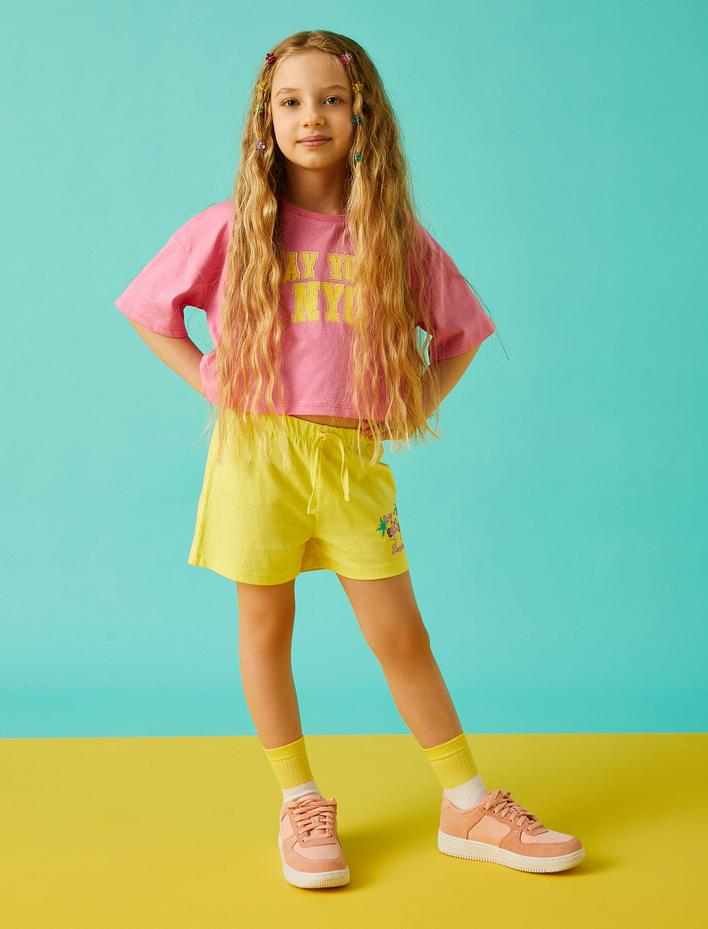 Kız Çocuk Şort Pamuklu Beli Bağcıklı Flamingo Baskılı