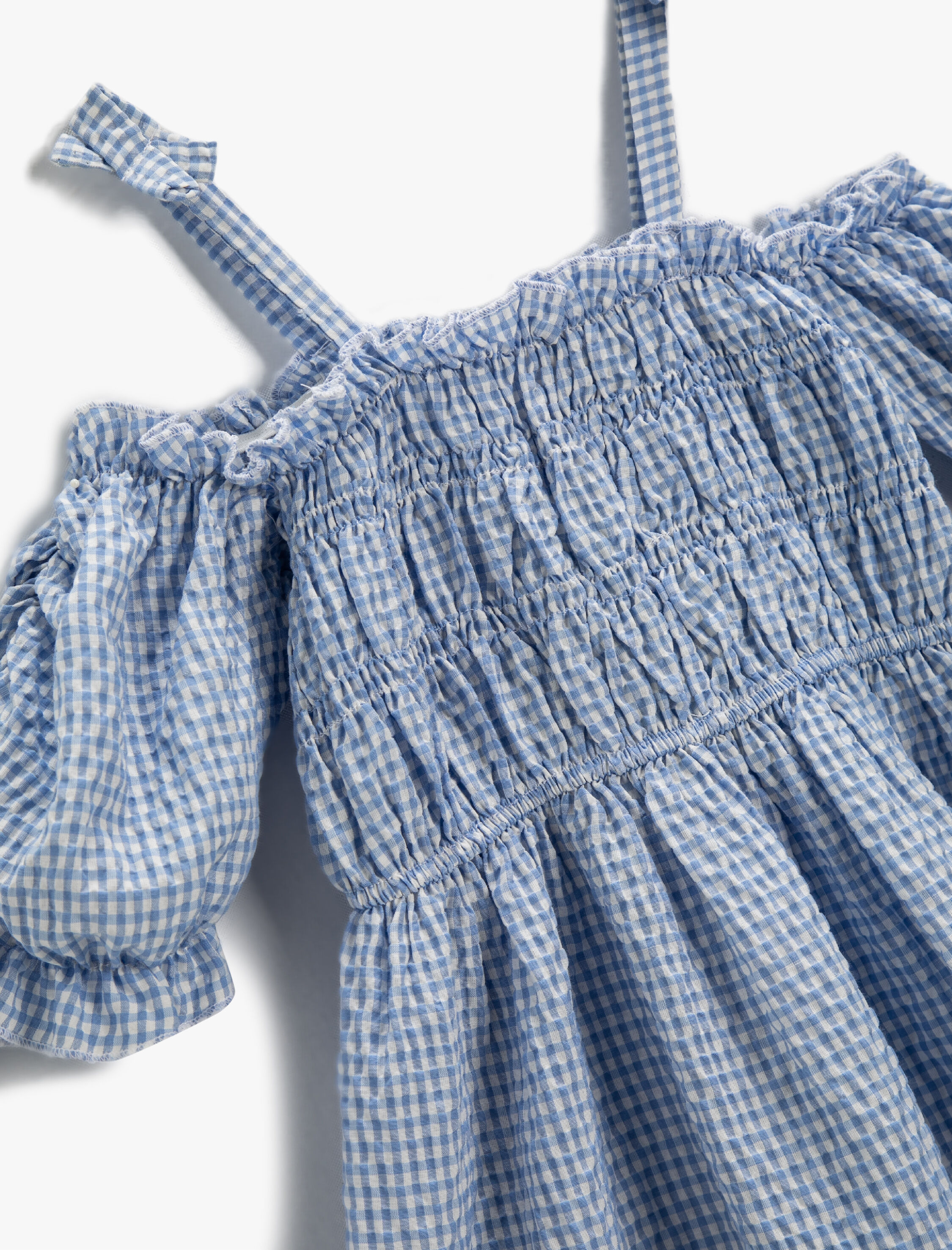  Kız Çocuk Elbise Düşük Omuz Kareli Balon Kollu