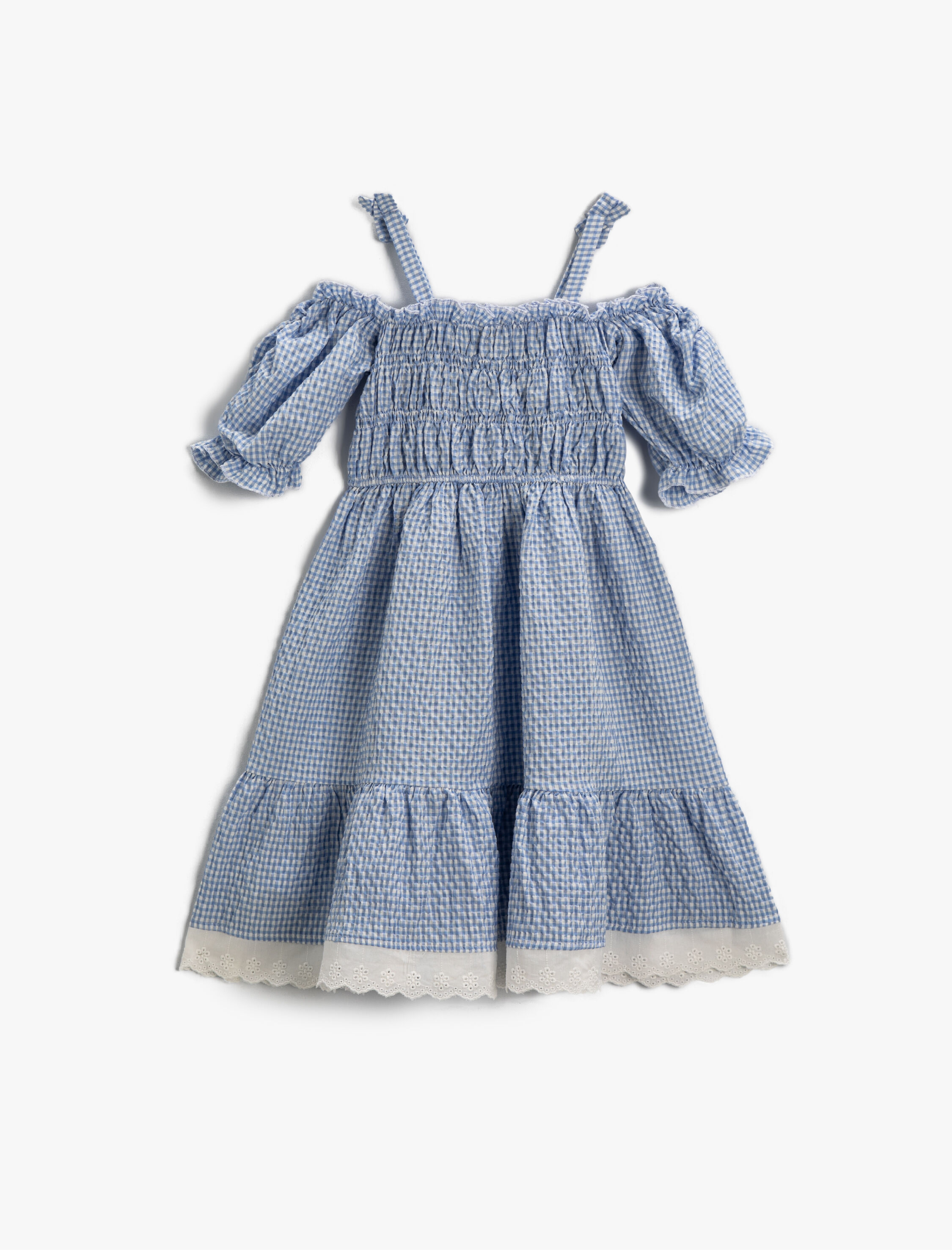  Kız Çocuk Elbise Düşük Omuz Kareli Balon Kollu