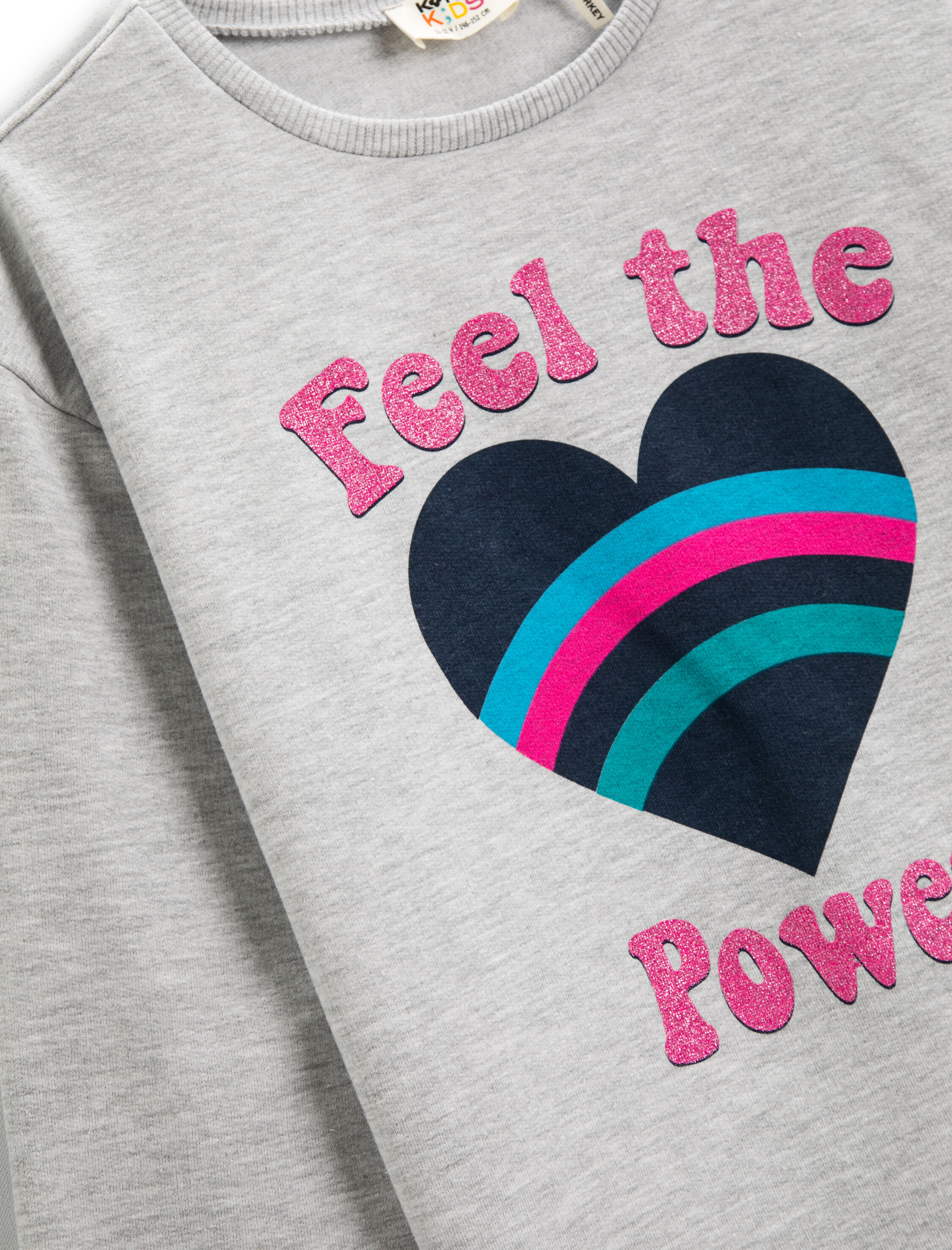  Kız Çocuk Kalp Baskılı Sweatshirt Uzun Kollu Bisiklet Yaka