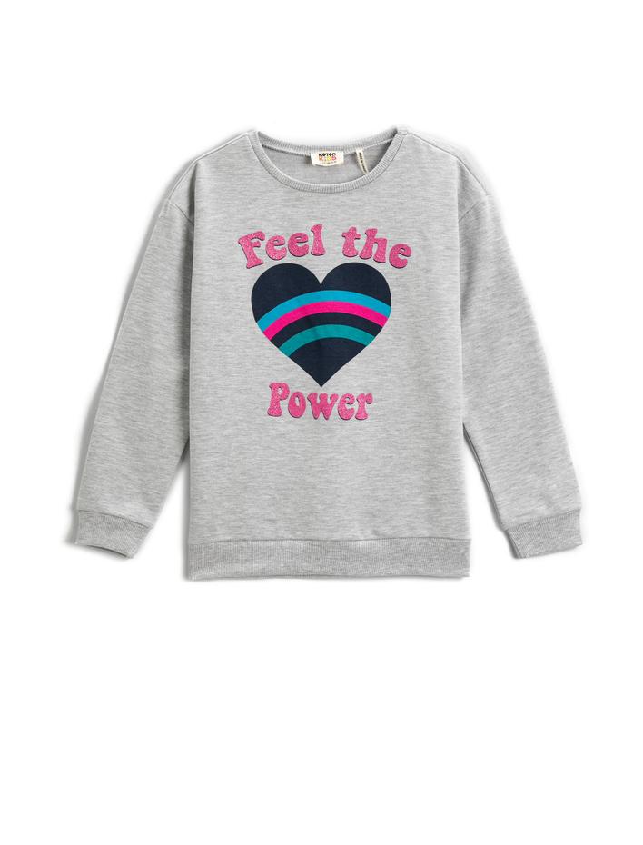 Kız Çocuk Kalp Baskılı Sweatshirt Uzun Kollu Bisiklet Yaka