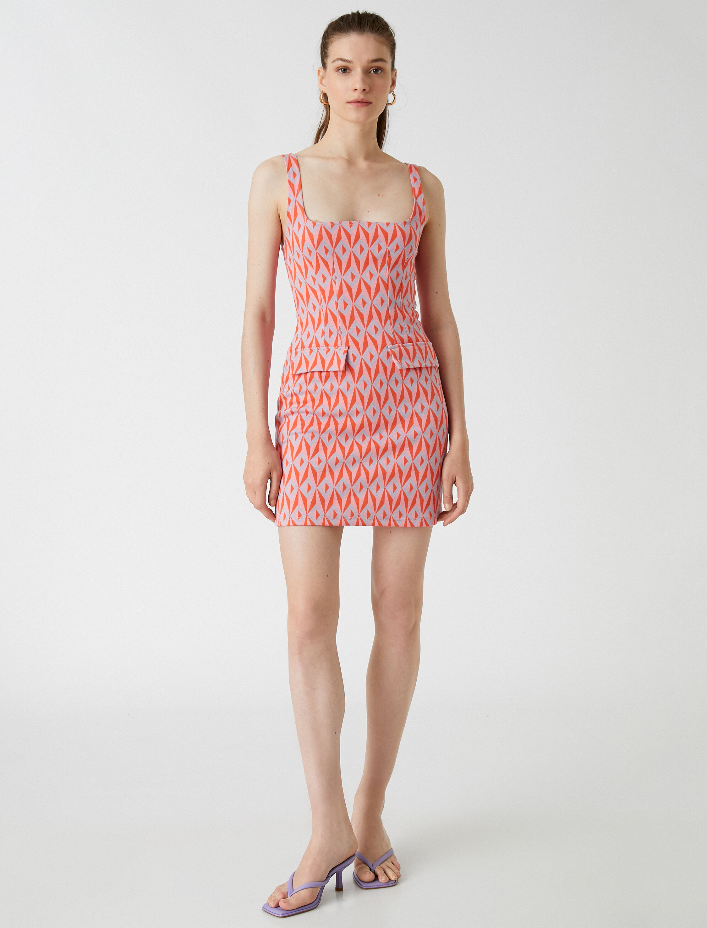   Desenli Askılı U Yaka Mini Elbise