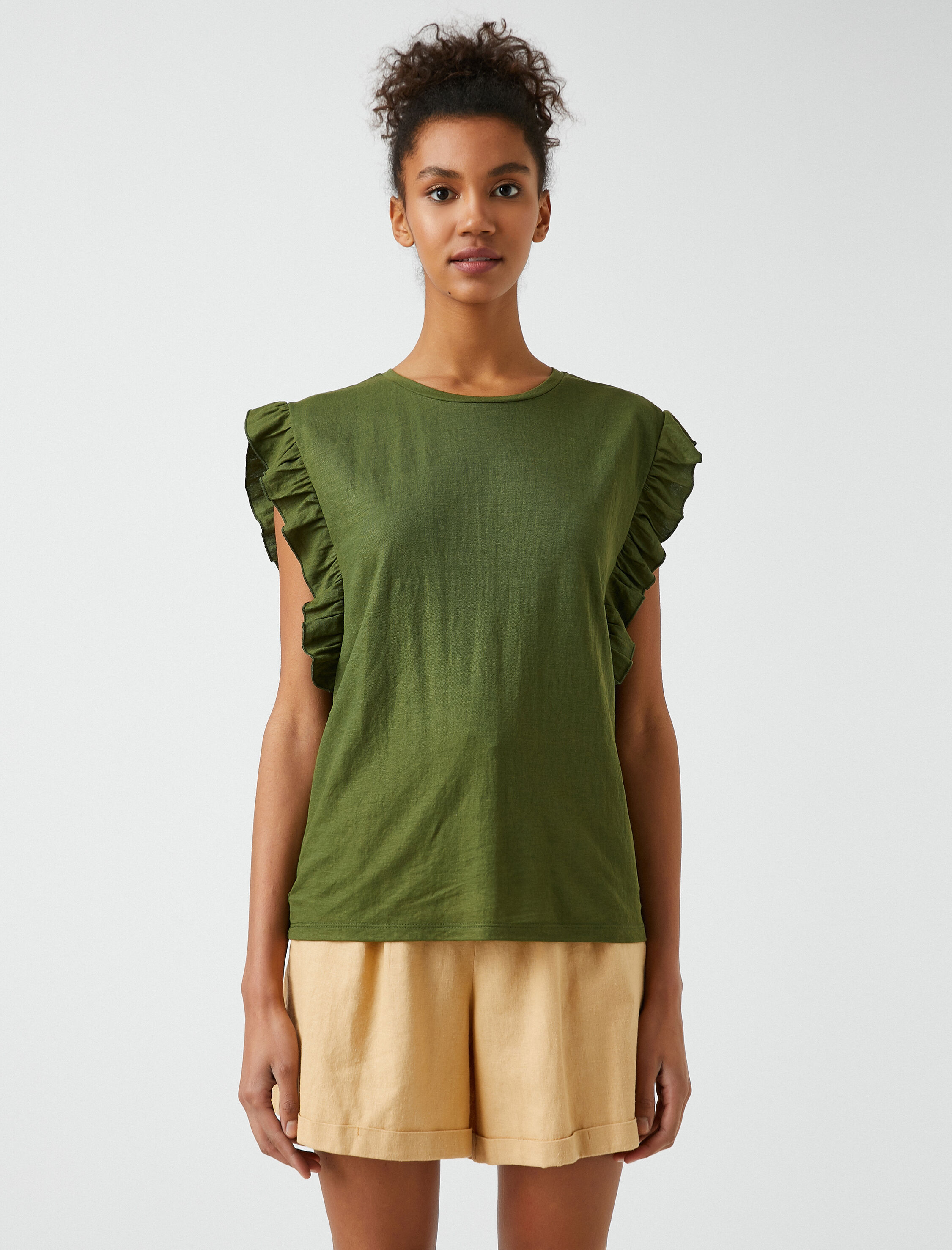   Bisiklet Yaka Kısa Kollu Fırfırlı Tişört