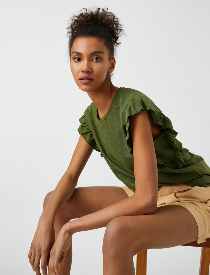  Bisiklet Yaka Kısa Kollu Fırfırlı Tişört