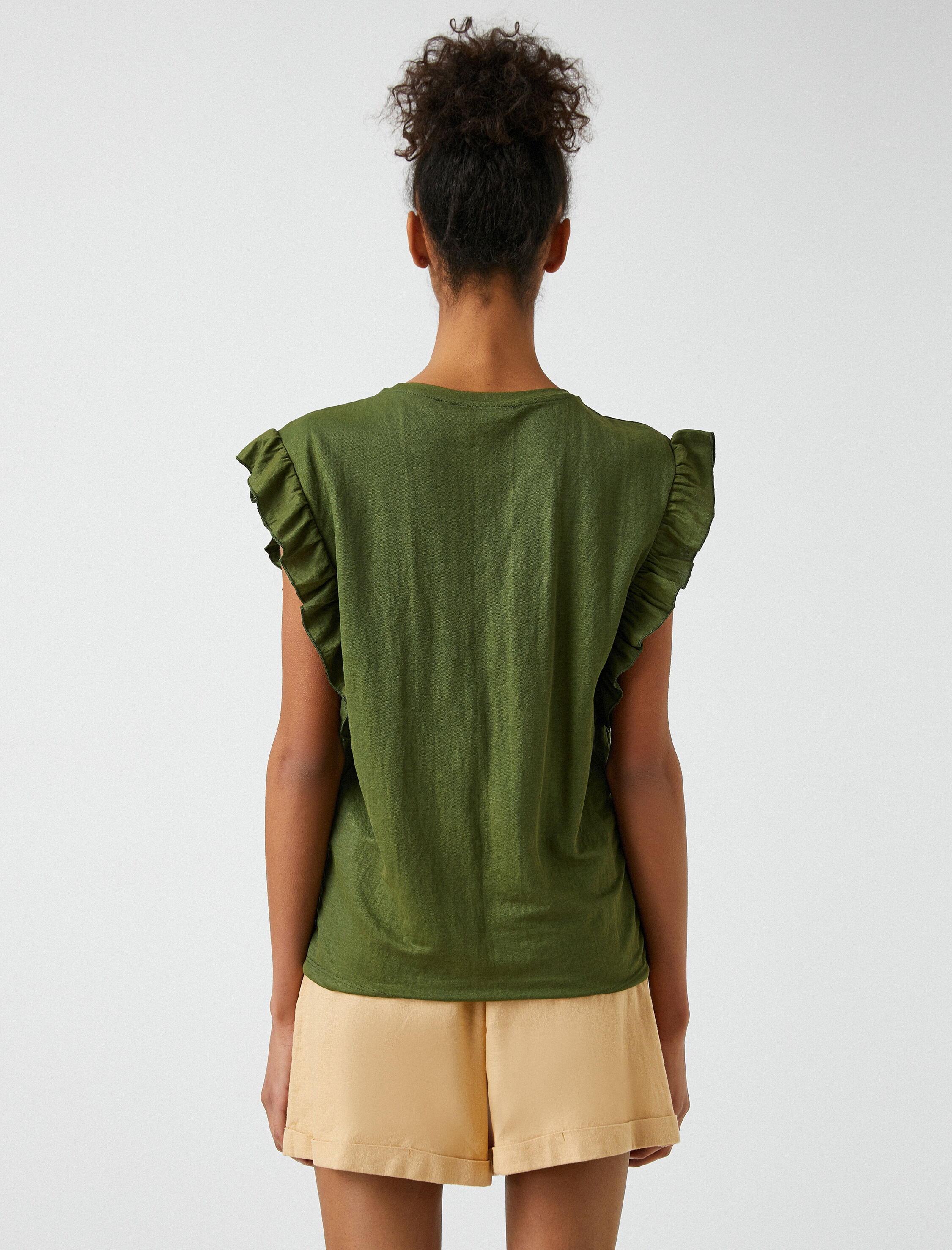   Bisiklet Yaka Kısa Kollu Fırfırlı Tişört