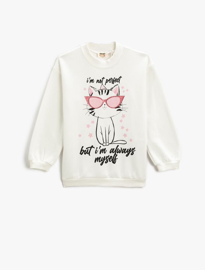 Kız Çocuk Oversize Sweatshirt Baskılı Bisiklet Yaka Uzun Kollu