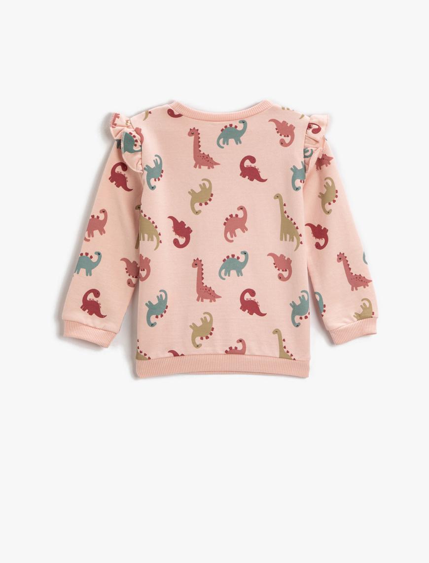  Kız Bebek Dinozor Baskılı Fırfırlı Sweatshirt Pamuklu