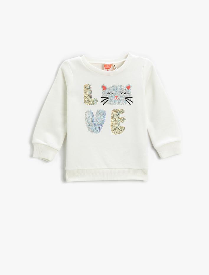 Kız Bebek Kedi Baskılı Sweatshirt Bisiklet Yaka