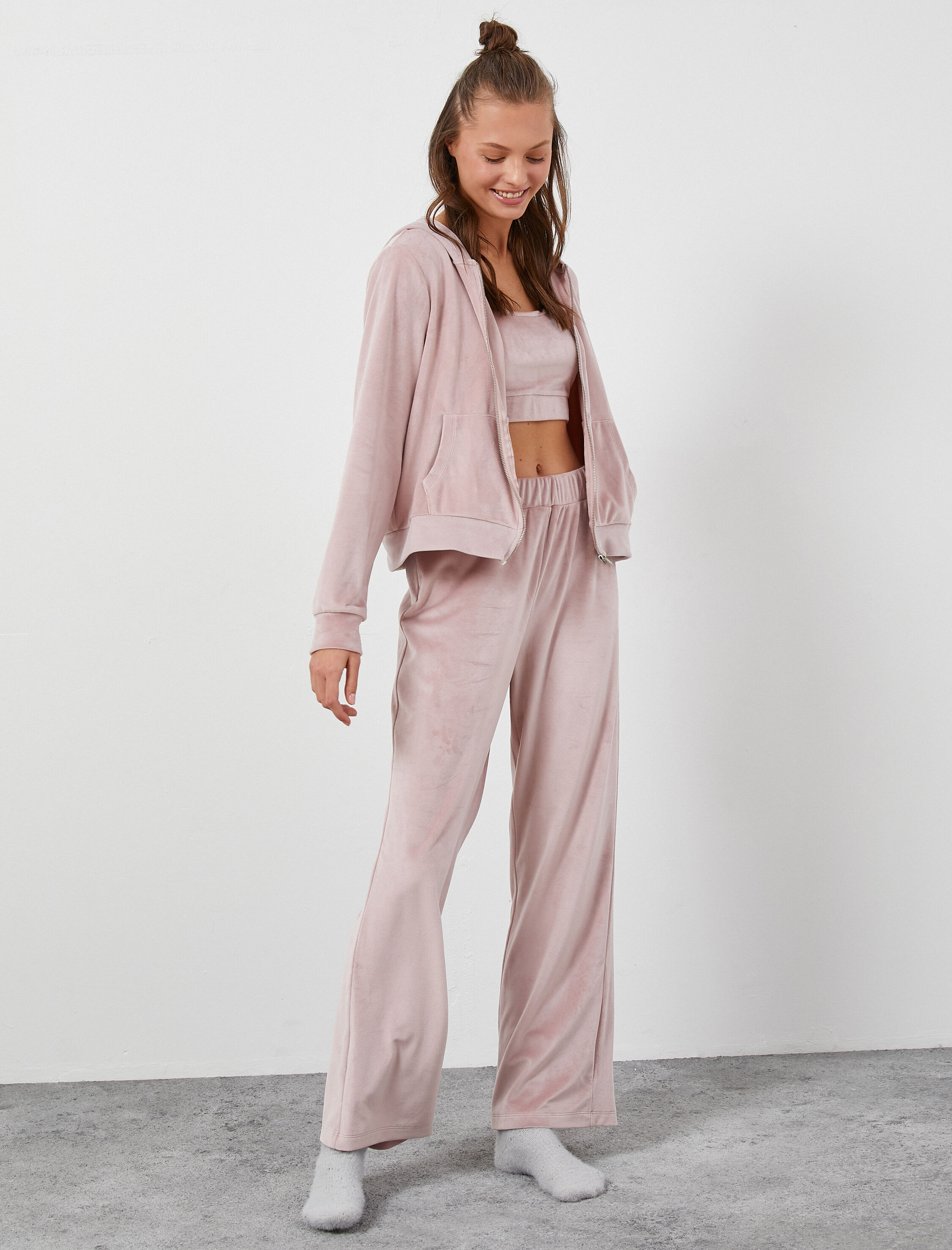   Fermuarlı Kadife Sweatshirt Pijama Üstü Yumuşak Dokulu