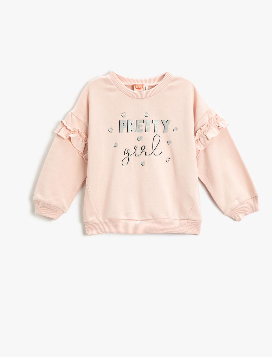  Kız Bebek Pamuklu Baskılı Sweatshirt Fırfır Detaylı