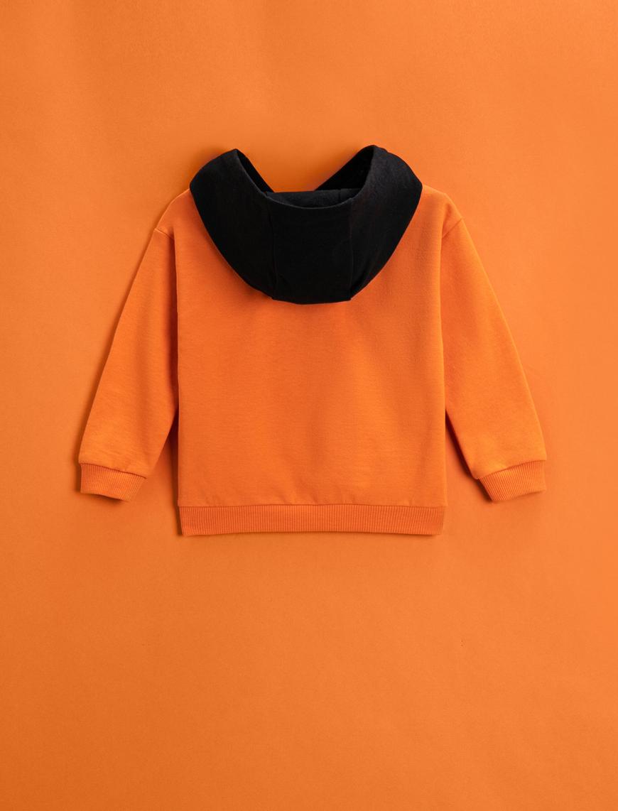  Erkek Bebek Kapüşonlu Sweatshirt Renk Kontrastlı Balkabağı Baskılı