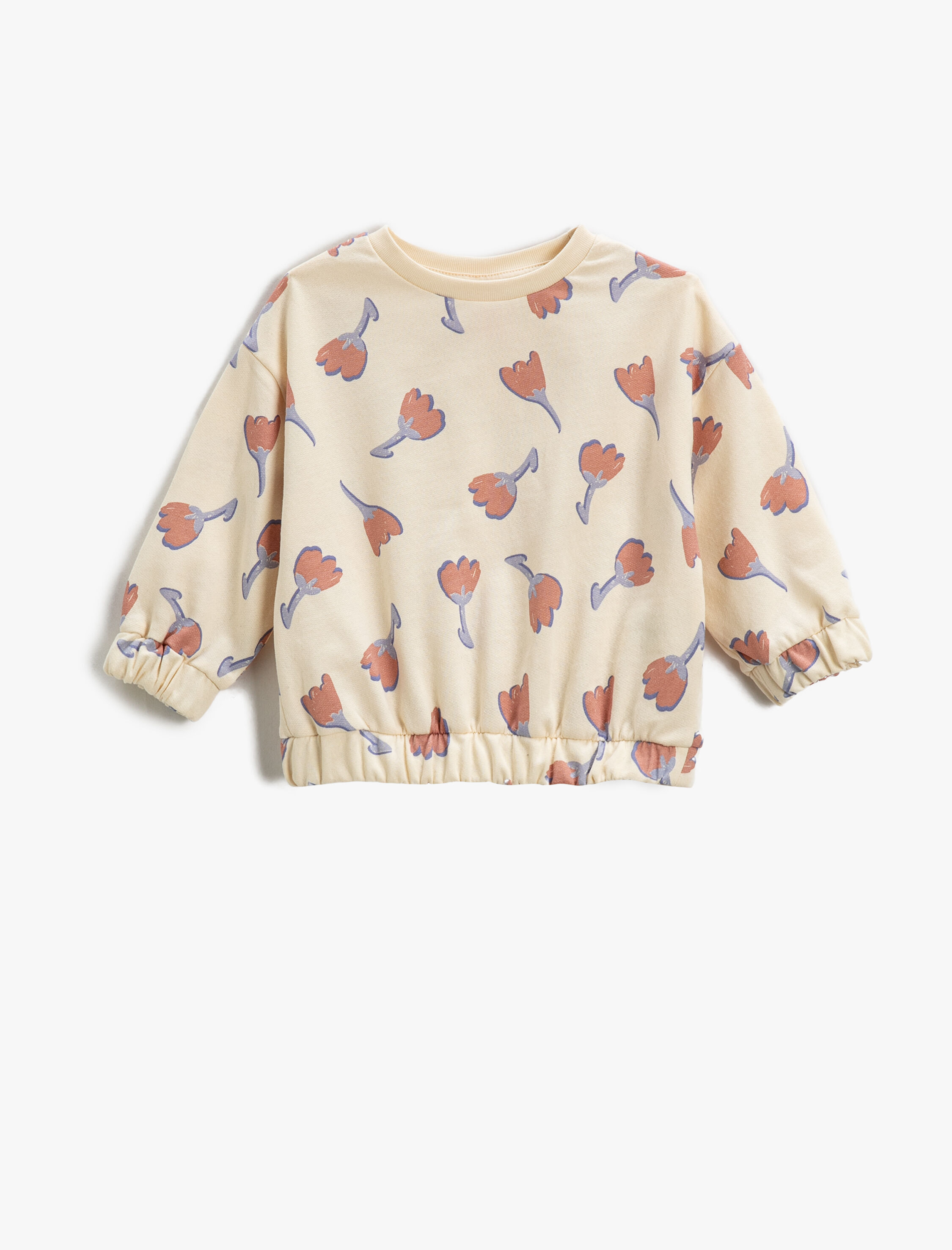  Kız Bebek Çiçek Baskılı Sweatshirt Uzun Kollu Bisiklet Yaka Pamuklu Şardonlu