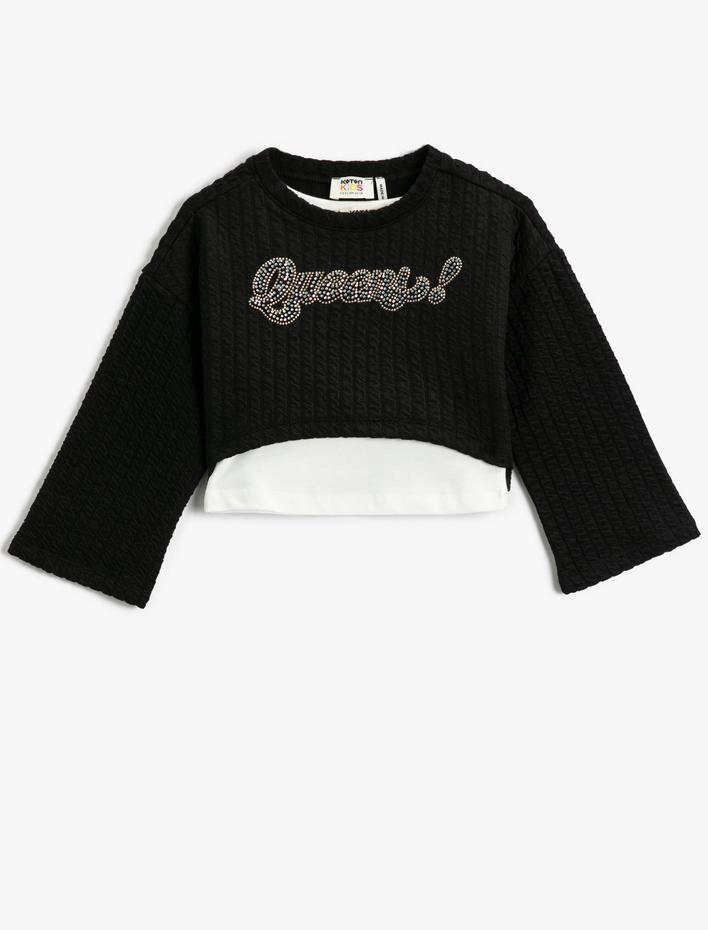 Kız Çocuk Crop Sweatshirt Uzun Geniş Kollu Renk Kontrastlı Bisiklet Yaka