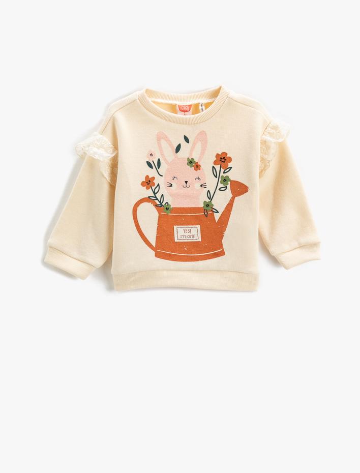 Kız Bebek Sweatshirt Tavşancık Baskılı Tüllü Fırfır Detaylı Uzun Kollu