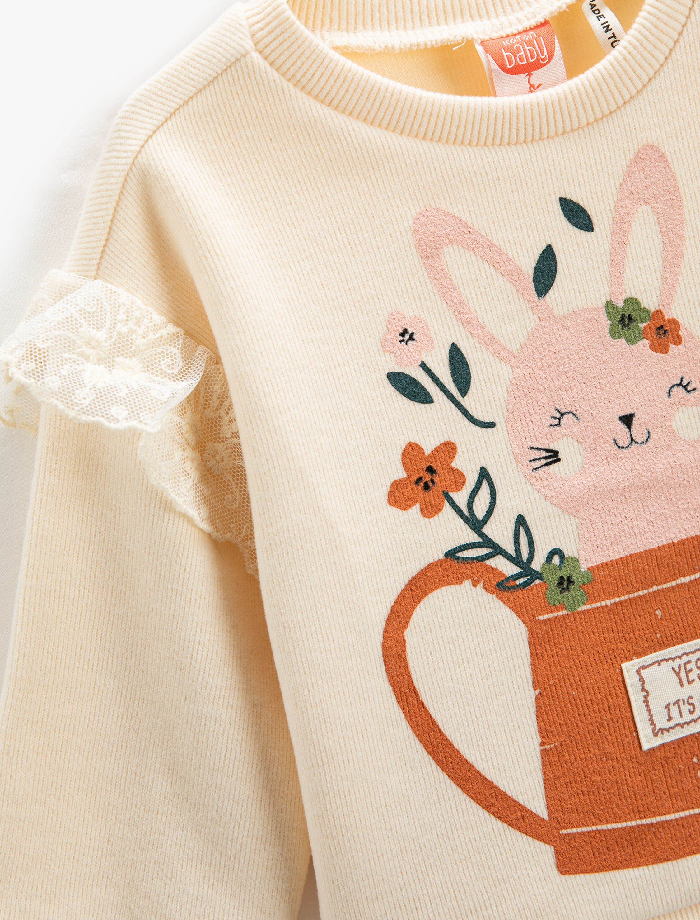  Kız Bebek Sweatshirt Tavşancık Baskılı Tüllü Fırfır Detaylı Uzun Kollu