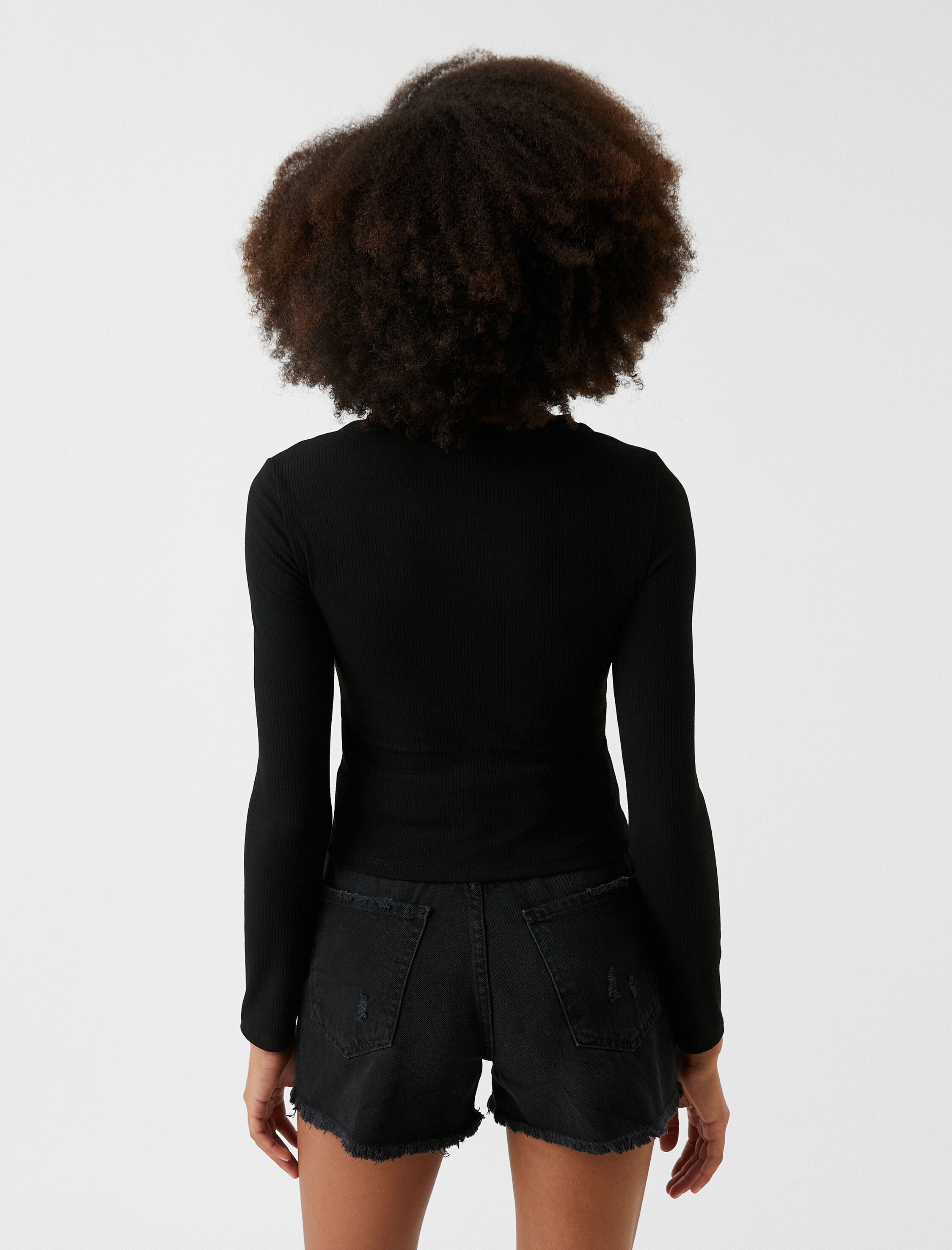   Crop Tişört Uzun Kollu Pencere Detaylı Baskılı