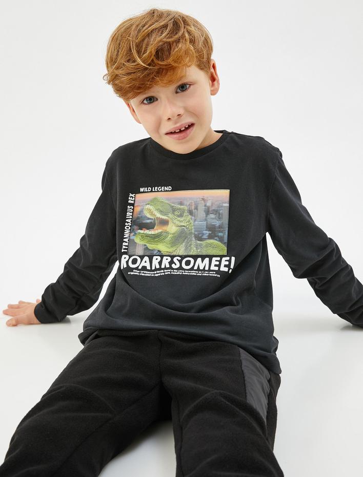 Erkek Çocuk Uzun Kollu Tişört Dinozor Baskılı Bisiklet Yaka