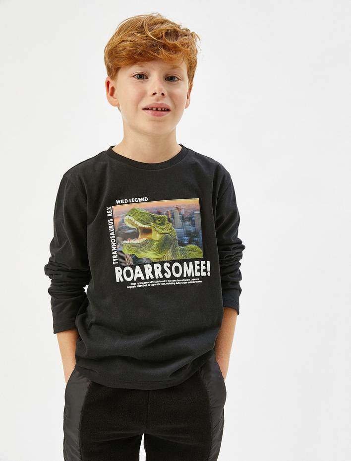 Erkek Çocuk Uzun Kollu Tişört Dinozor Baskılı Bisiklet Yaka