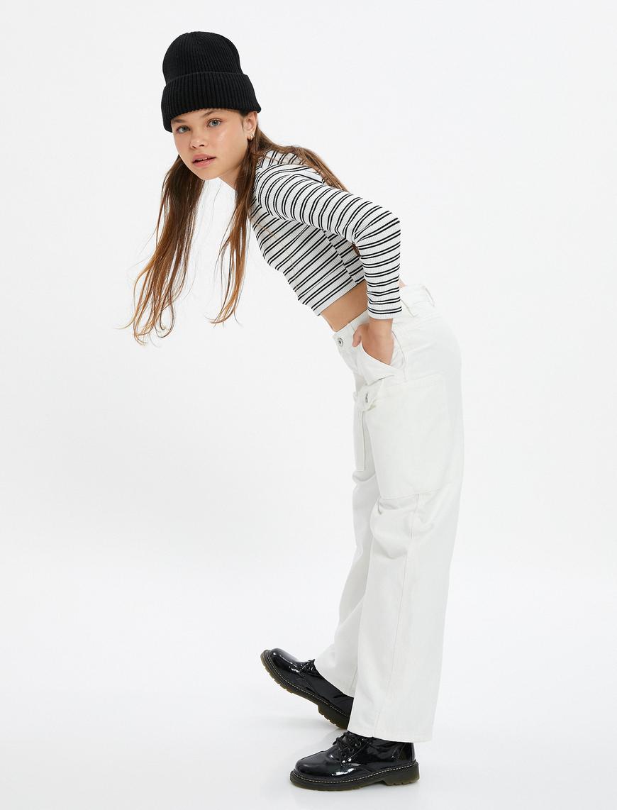  Kız Çocuk Bol Paça Kot Pantolon Önde Cep Detaylı Pamuklu - Crop Wide Leg Jean