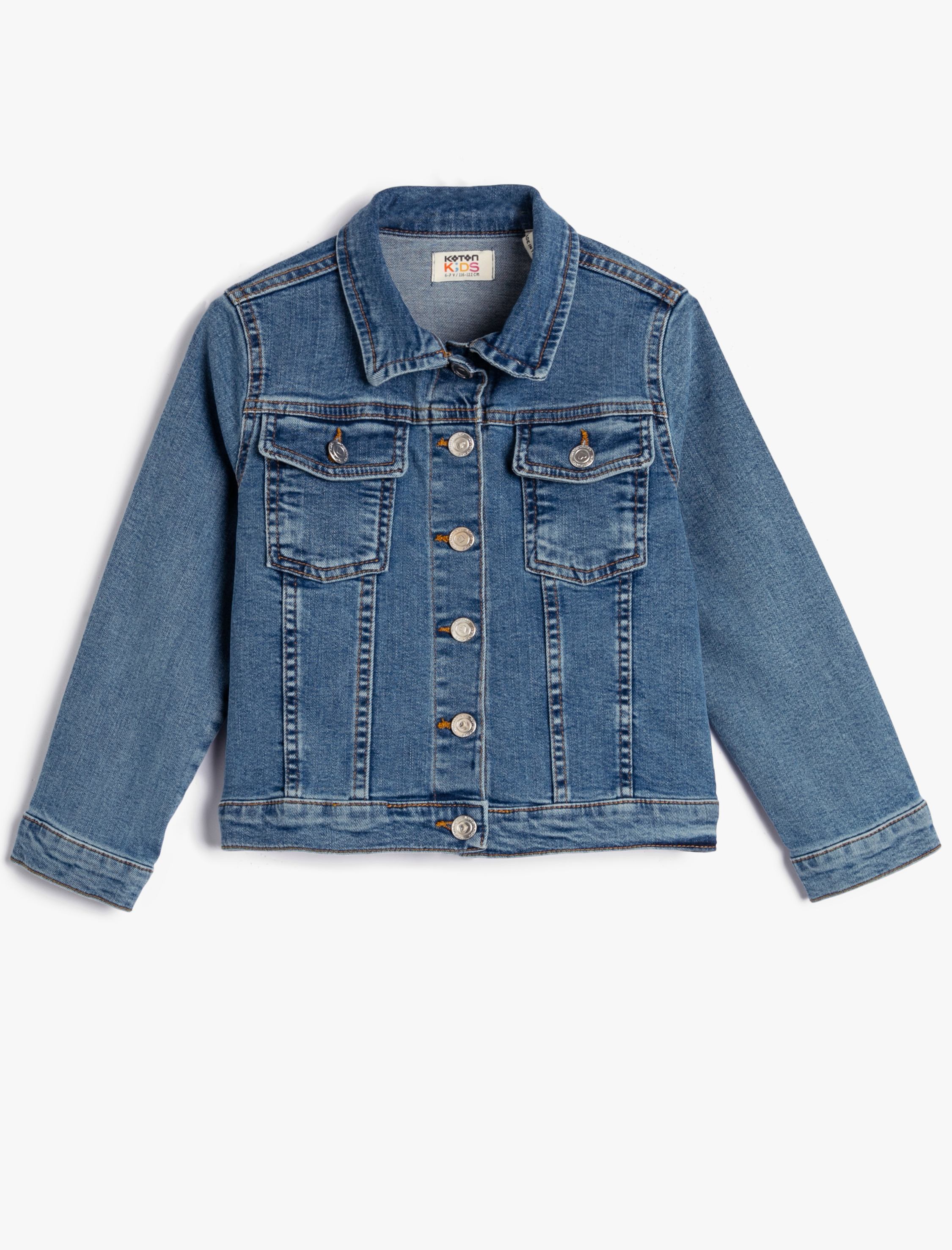  Kız Çocuk Kot Ceket Kapaklı Cep Detaylı Pamuklu Uzun Kollu