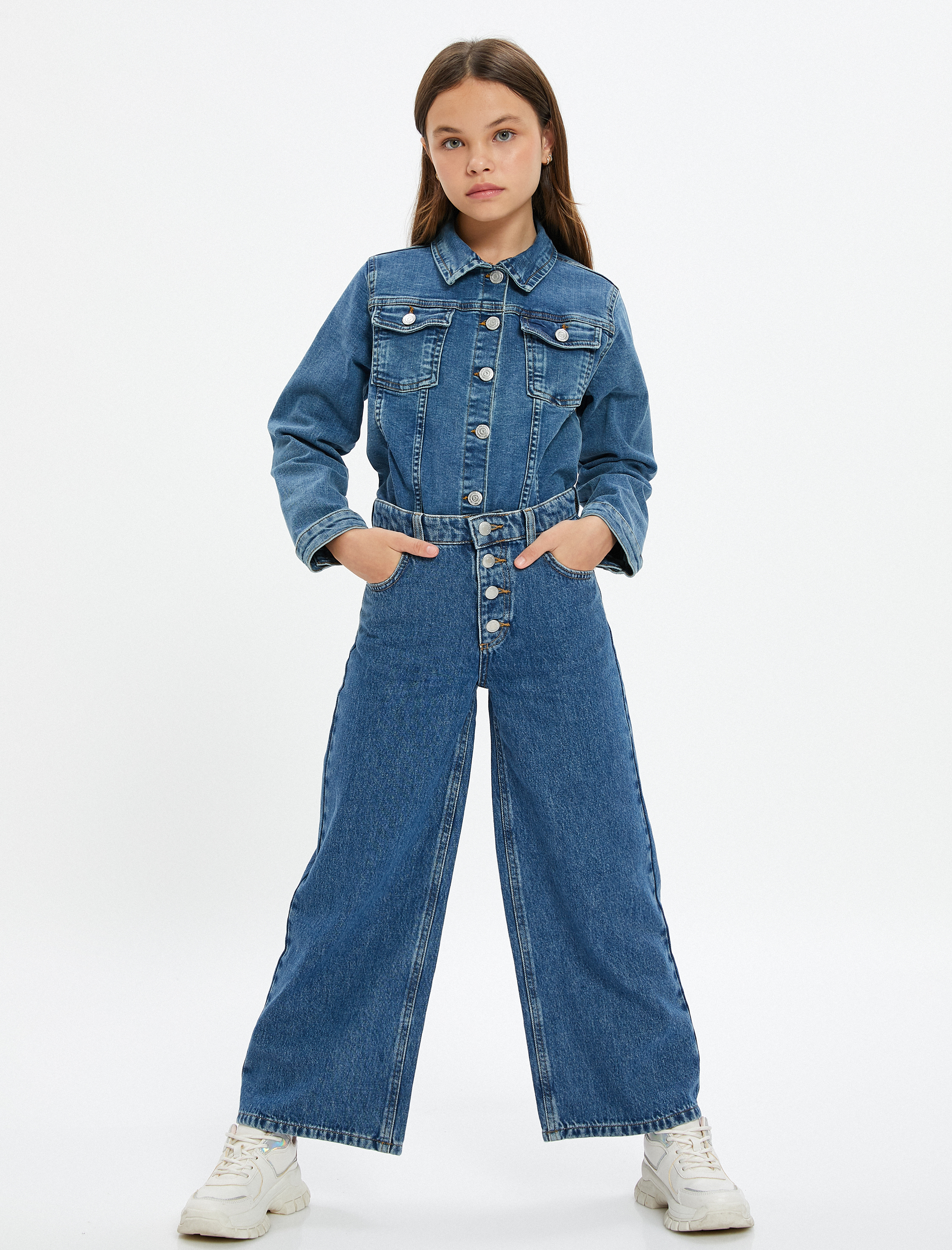  Kız Çocuk Kot Ceket Kapaklı Cep Detaylı Pamuklu Uzun Kollu