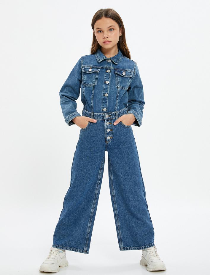 Kız Çocuk Kot Ceket Kapaklı Cep Detaylı Pamuklu Uzun Kollu