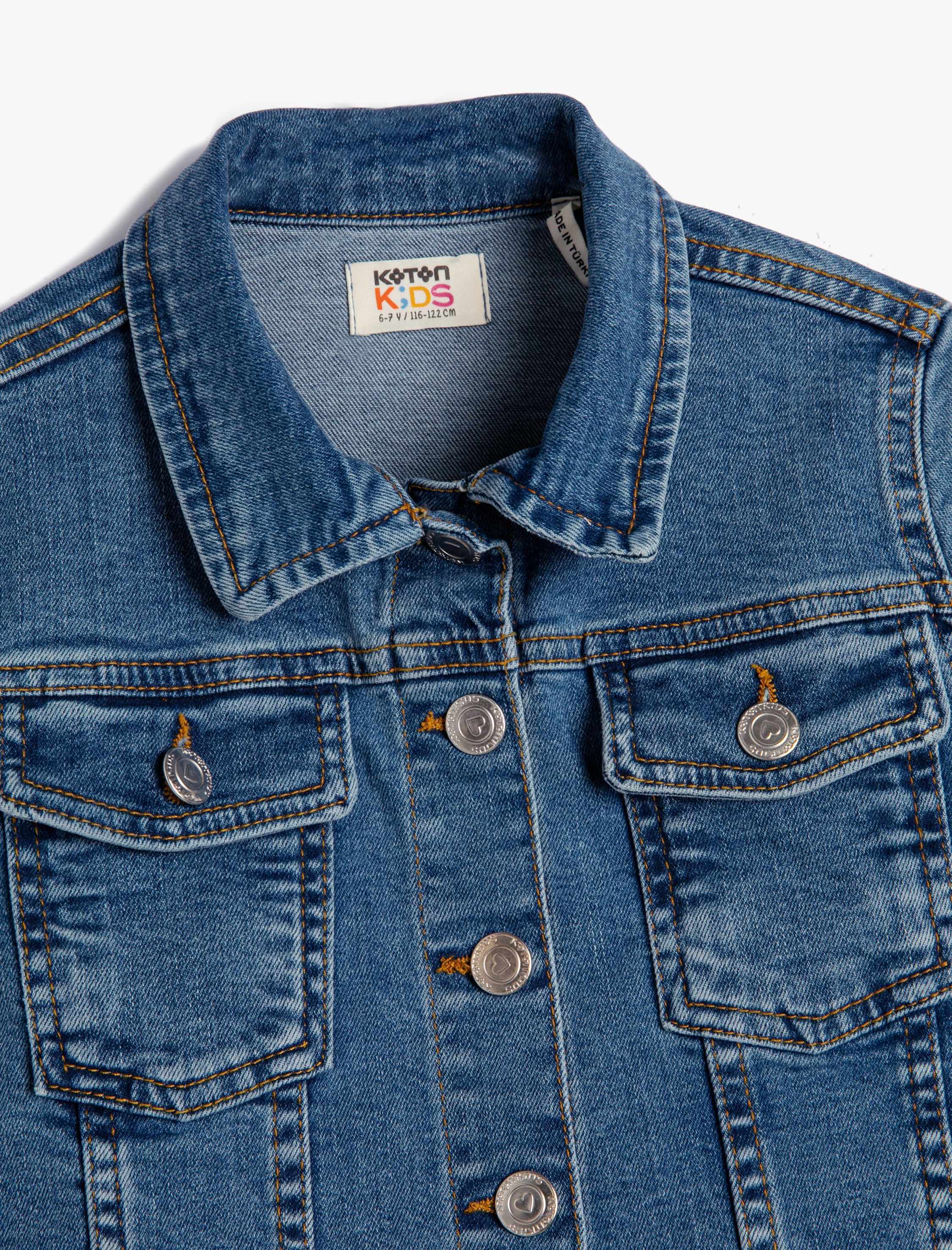  Kız Çocuk Kot Ceket Kapaklı Cep Detaylı Pamuklu Uzun Kollu