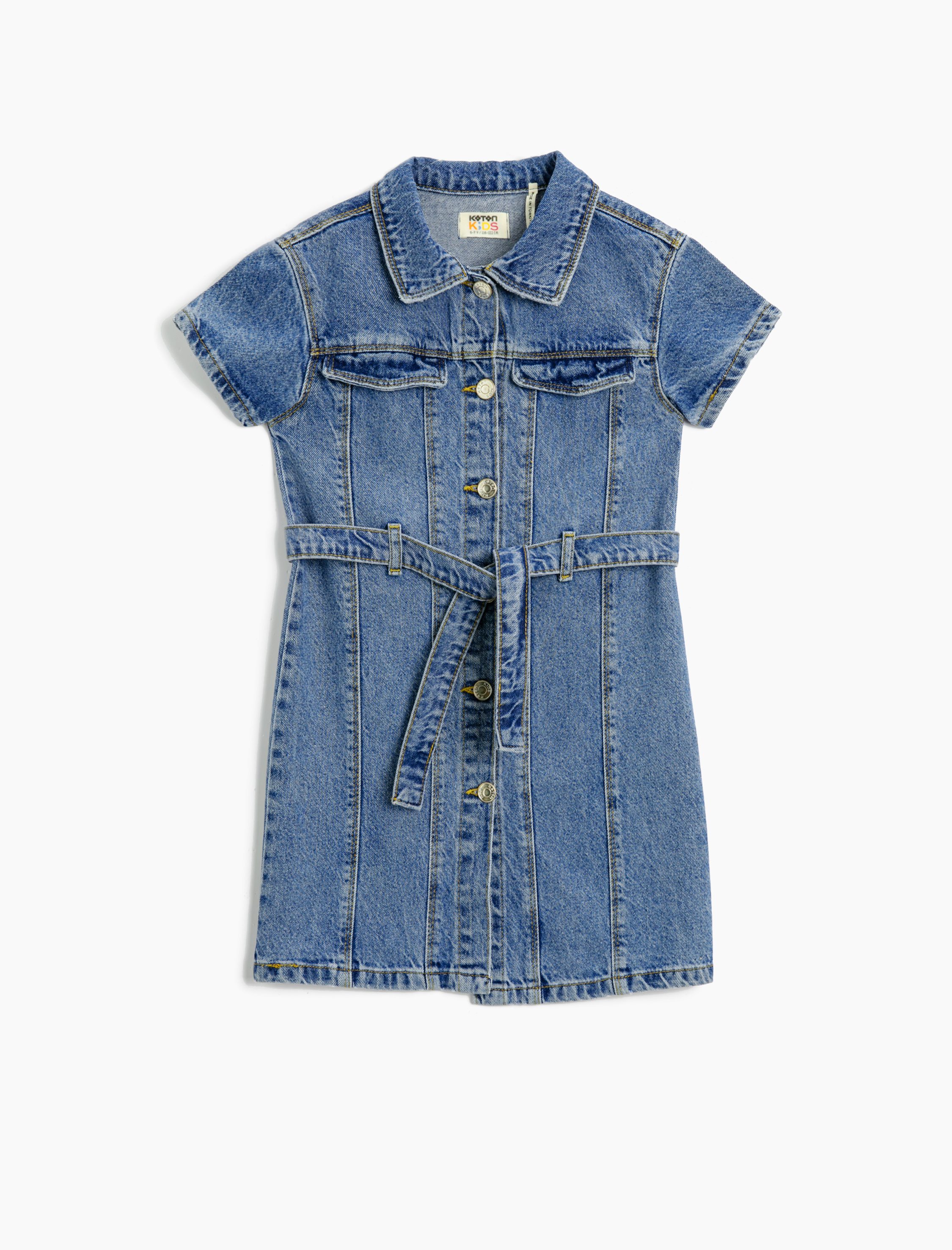  Kız Çocuk Kot Elbise Kısa Kollu Kuşak Detaylı Gömlek Yaka Pamuklu