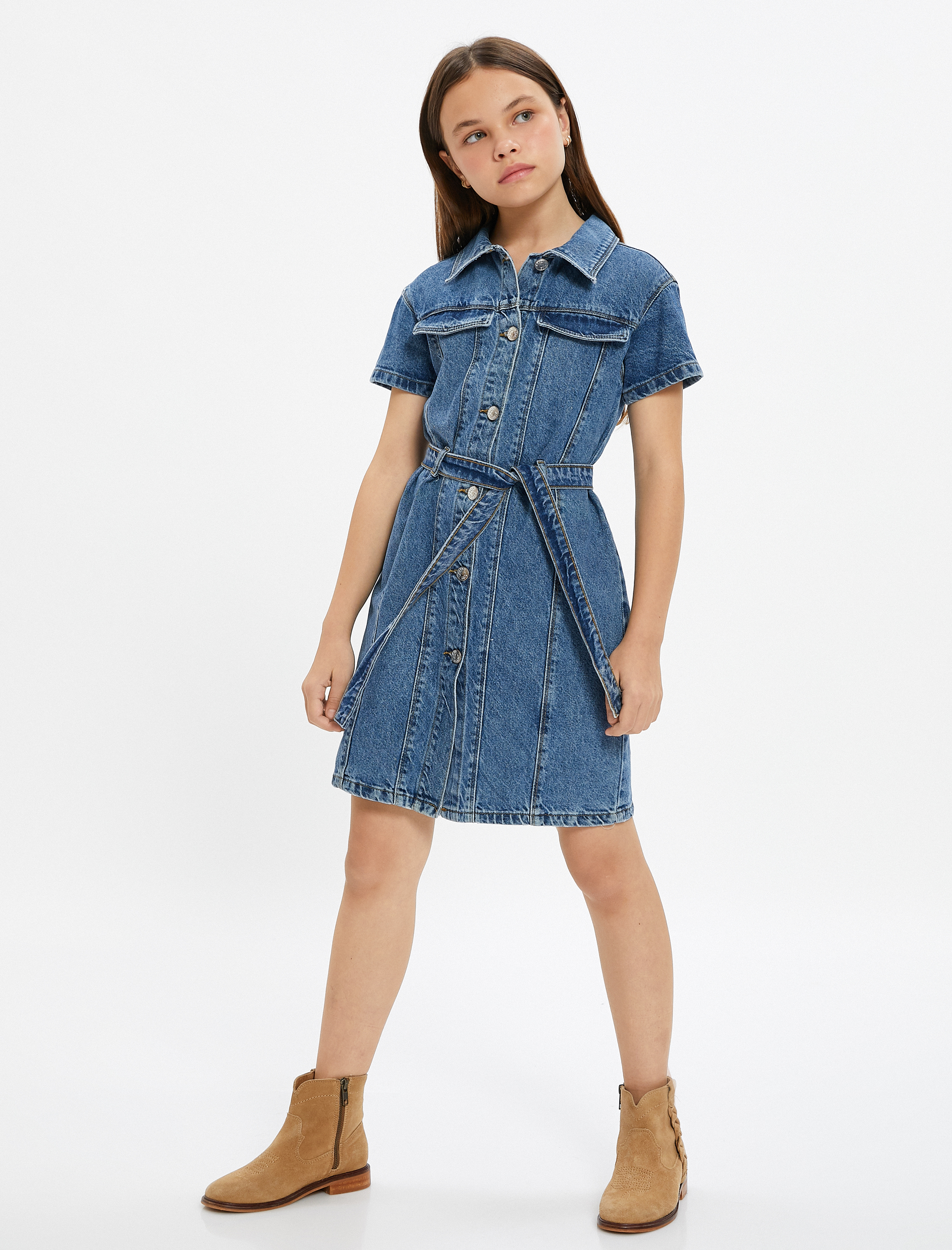  Kız Çocuk Kot Elbise Kısa Kollu Kuşak Detaylı Gömlek Yaka Pamuklu