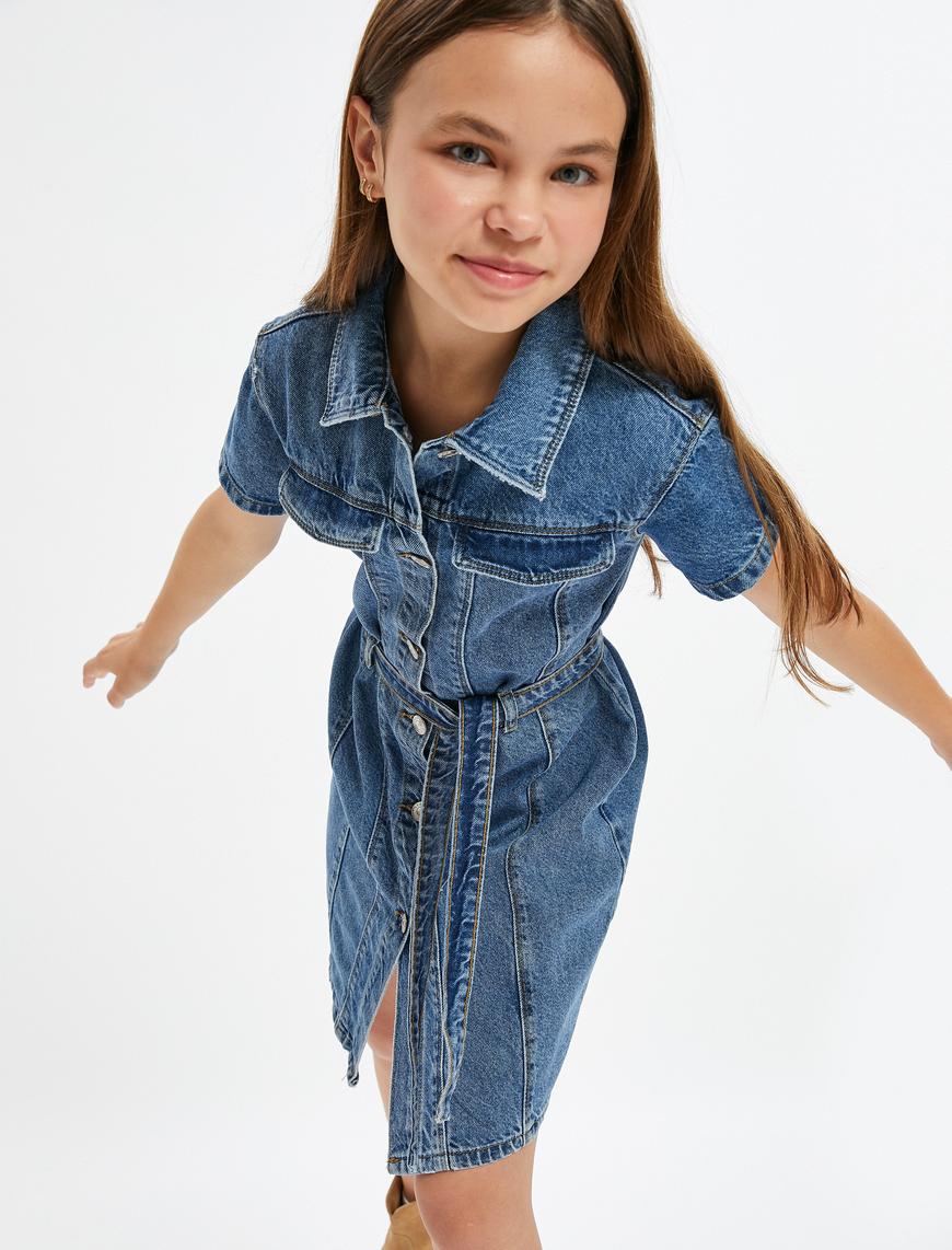  Kız Çocuk Kot Elbise Kısa Kollu Kuşak Detaylı Gömlek Yaka Pamuklu