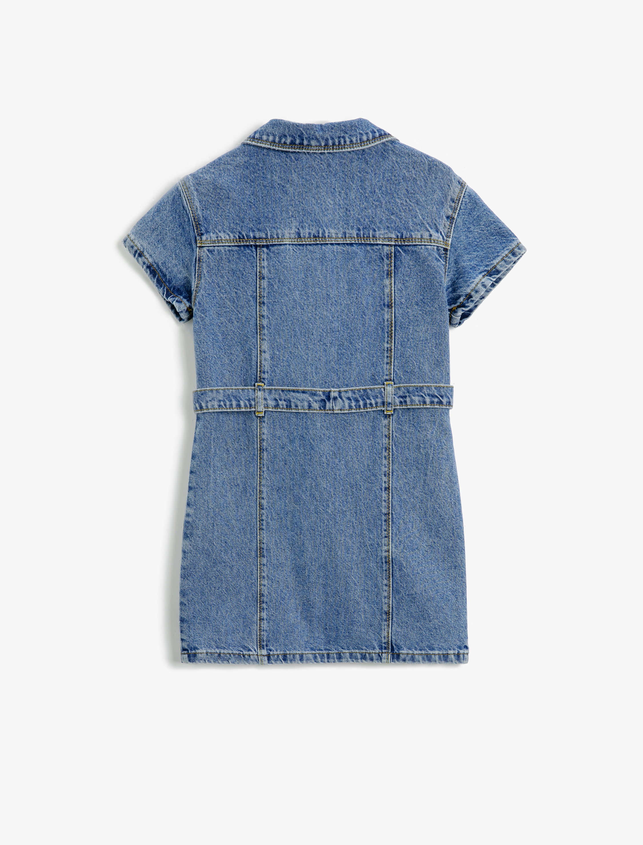  Kız Çocuk Kot Elbise Kısa Kollu Kuşak Detaylı Gömlek Yaka Pamuklu