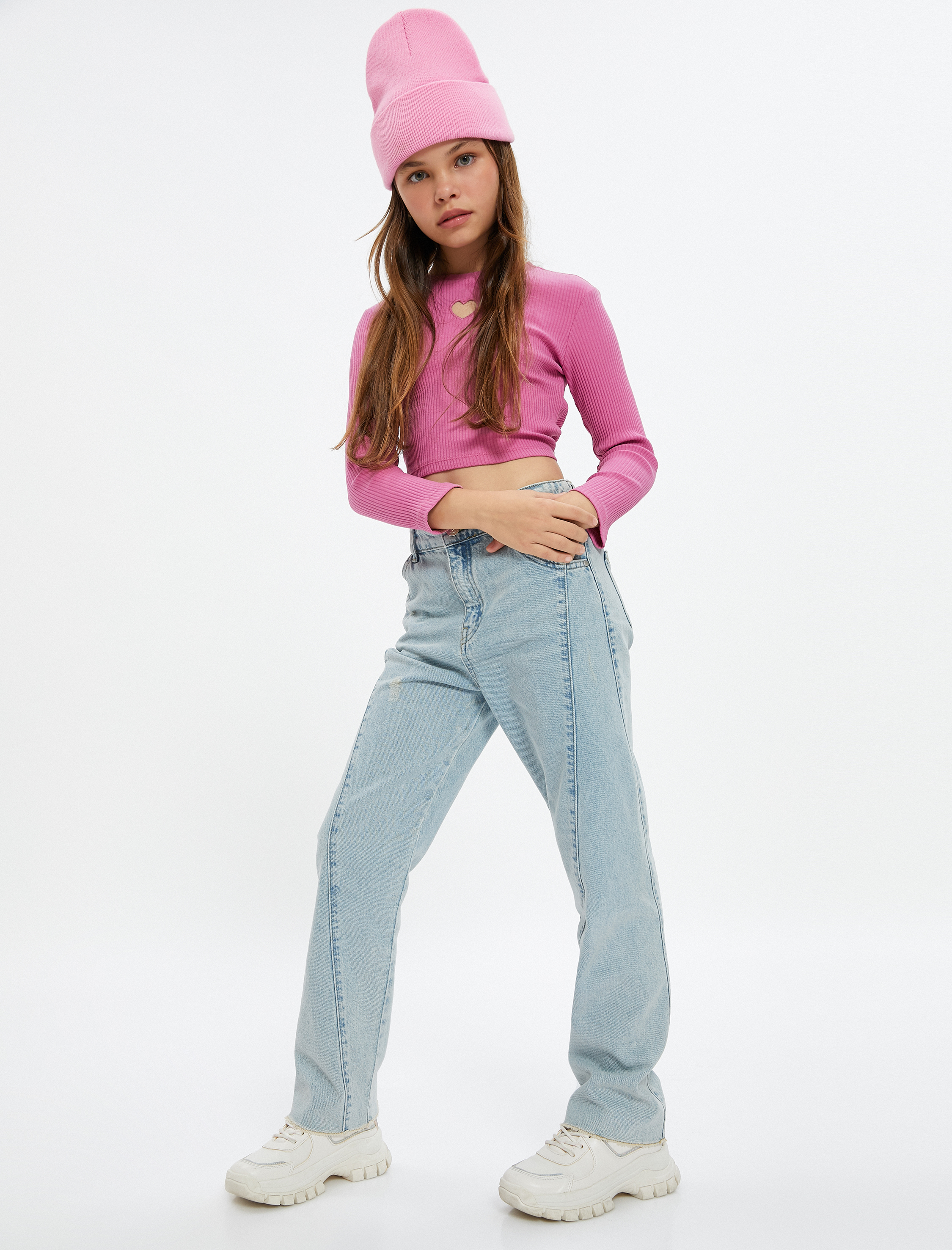  Kız Çocuk Kot Pantolon Pamuklu Bol Paça Rahat Kesim - Loose Jean