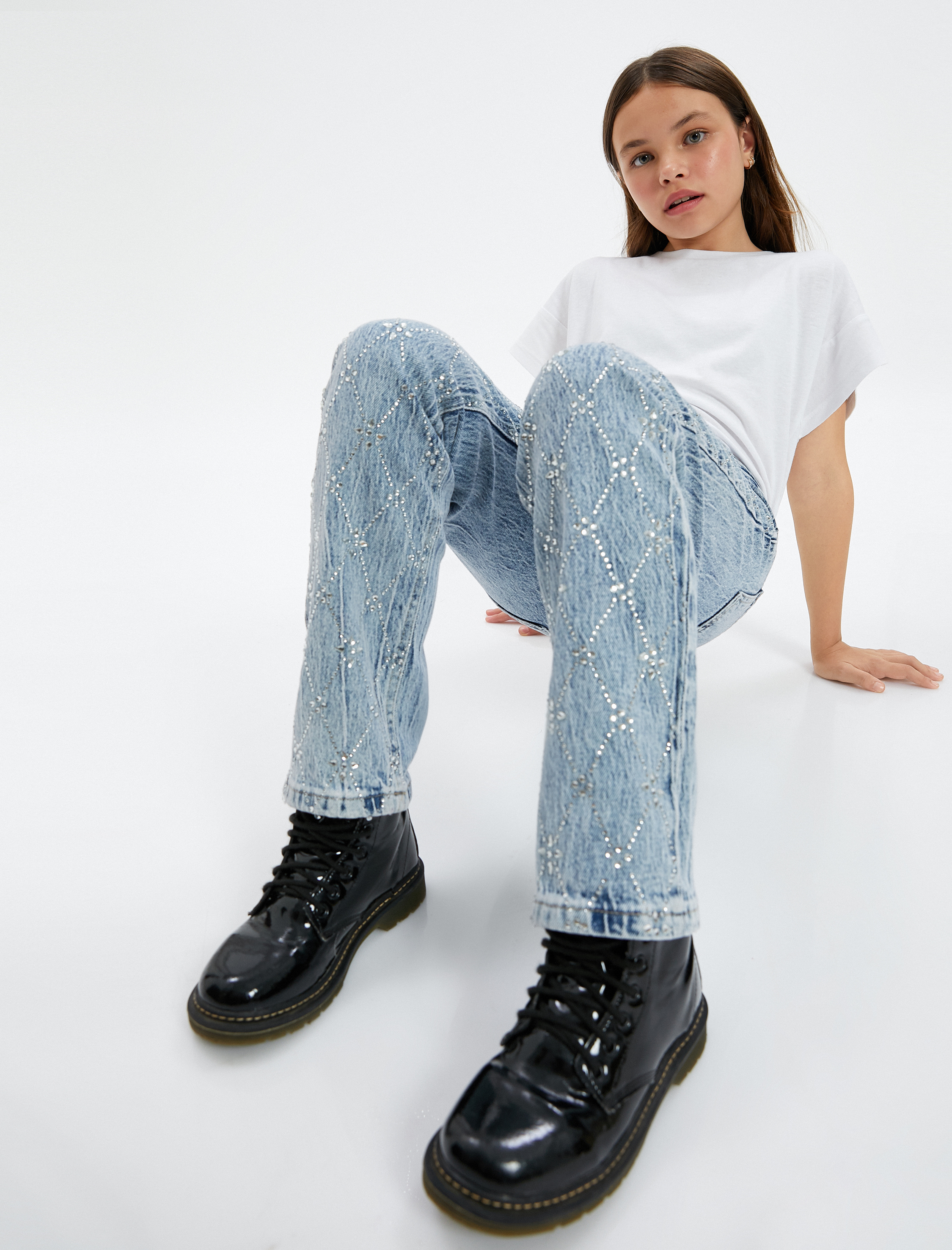  Kız Çocuk Kot Pantolon Pul Detaylı Pamuklu - Regular Jean