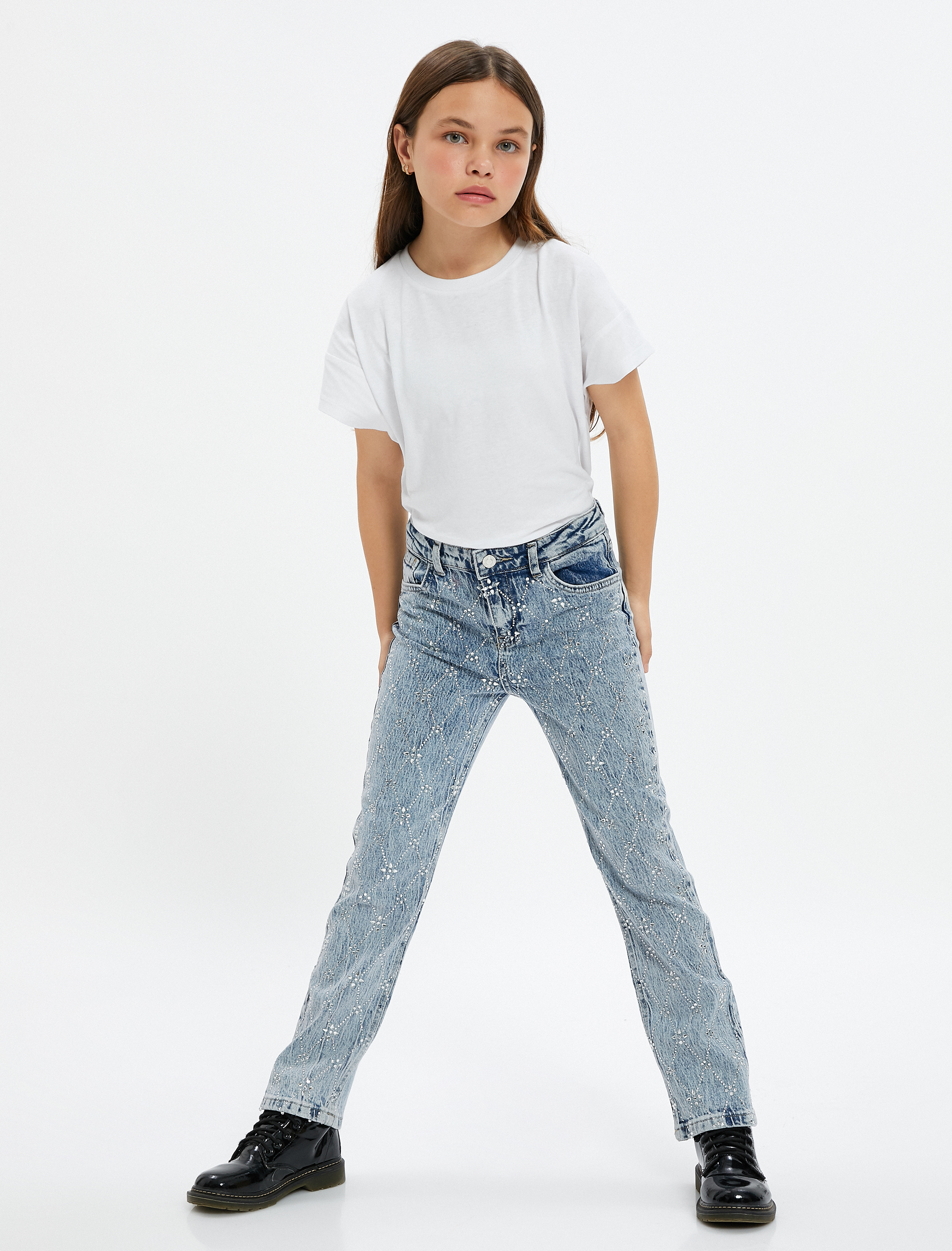  Kız Çocuk Kot Pantolon Pul Detaylı Pamuklu - Regular Jean