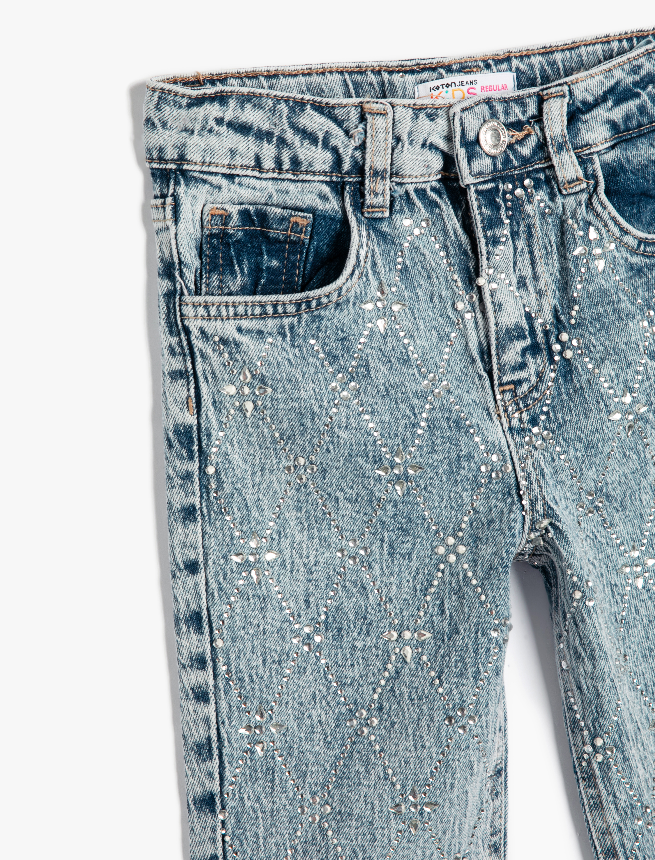  Kız Çocuk Kot Pantolon Pul Detaylı Pamuklu - Regular Jean