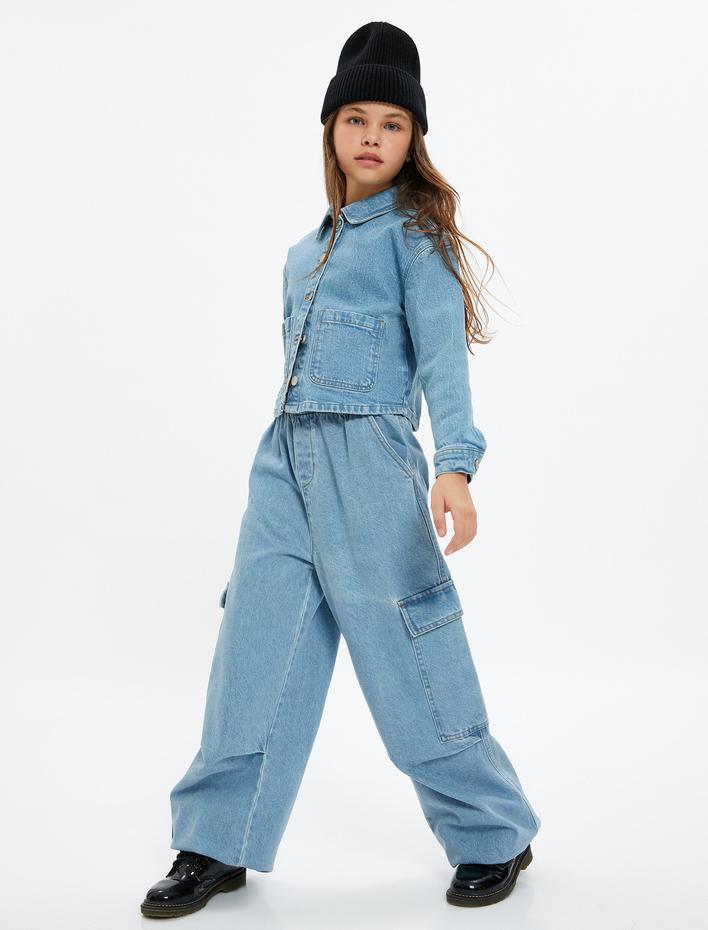 Kız Çocuk Paraşüt Kot Pantolon Cepli Beli Ayarlanabilir Lastikli Pamuklu - Parachute Jean