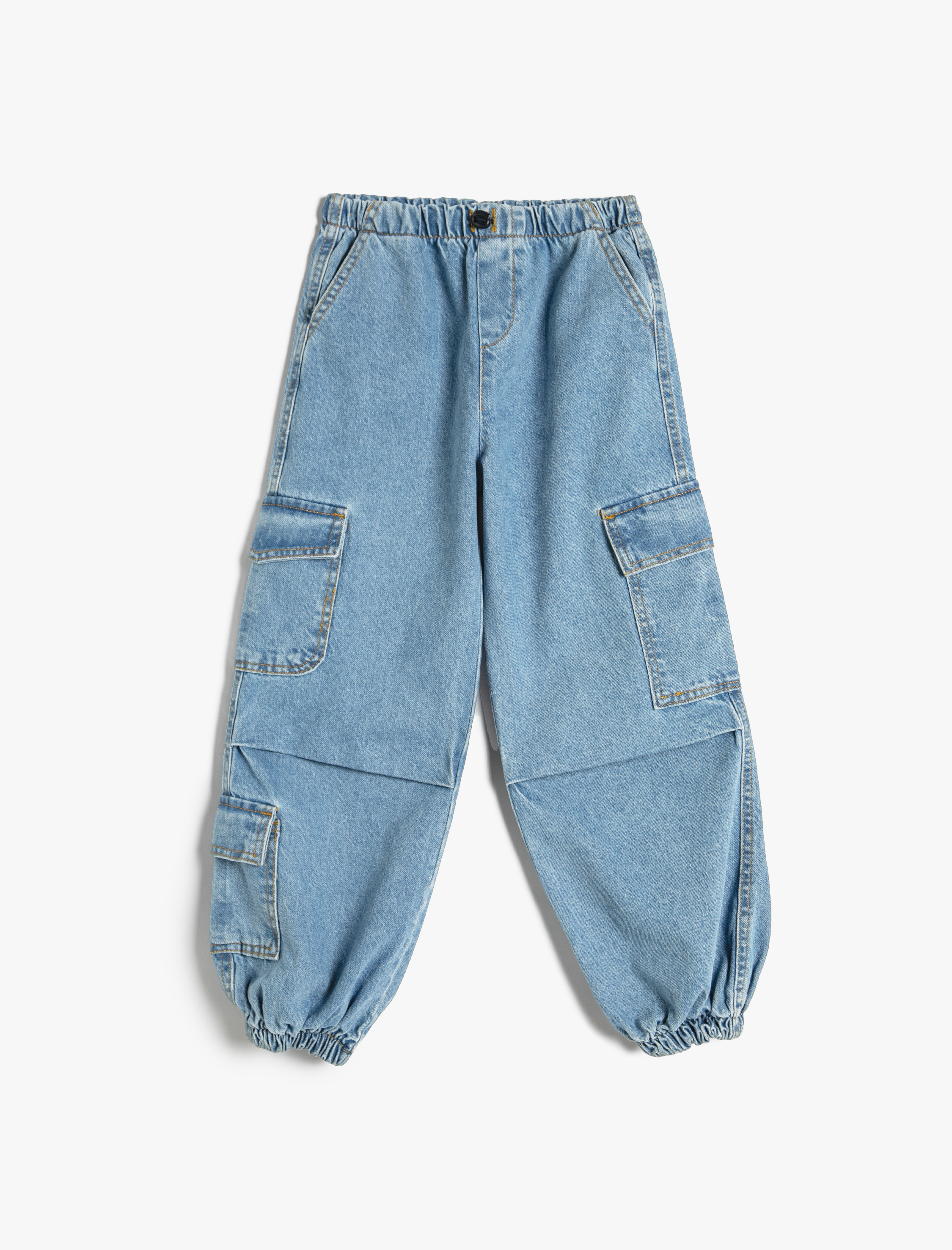  Kız Çocuk Paraşüt Kot Pantolon Cepli Beli Ayarlanabilir Lastikli Pamuklu - Parachute Jean