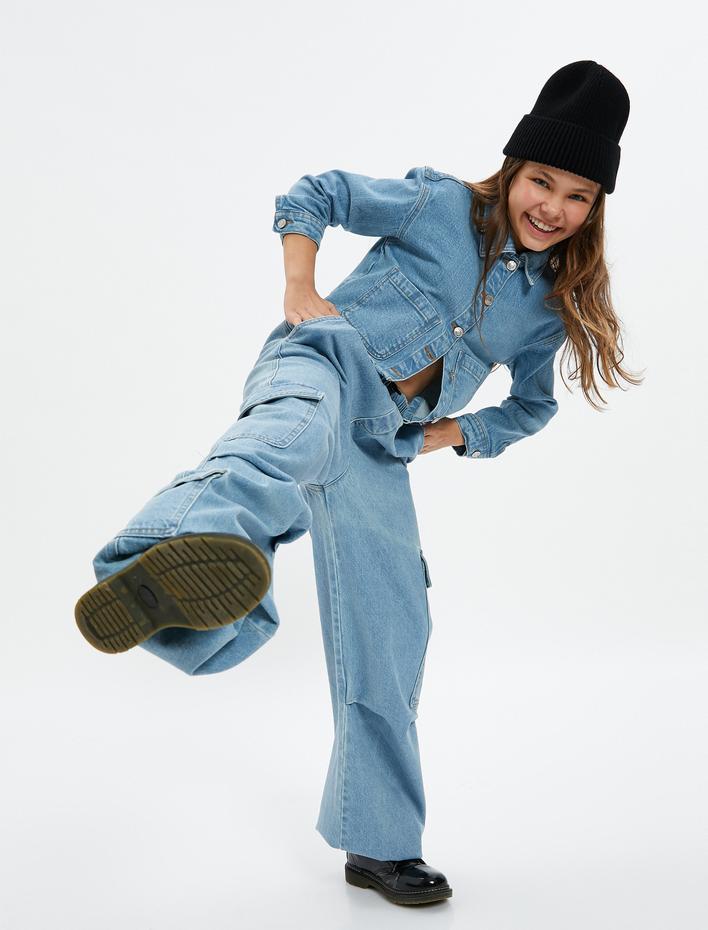 Kız Çocuk Paraşüt Kot Pantolon Cepli Beli Ayarlanabilir Lastikli Pamuklu - Parachute Jean