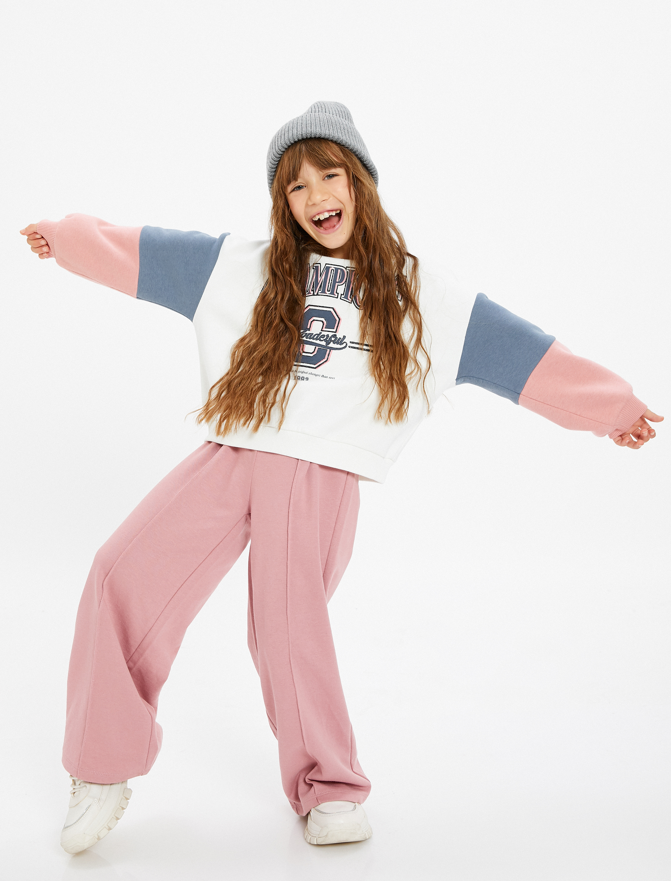  Kız Çocuk Eşofman Altı Geniş Paça Beli Lastikli Şardonlu