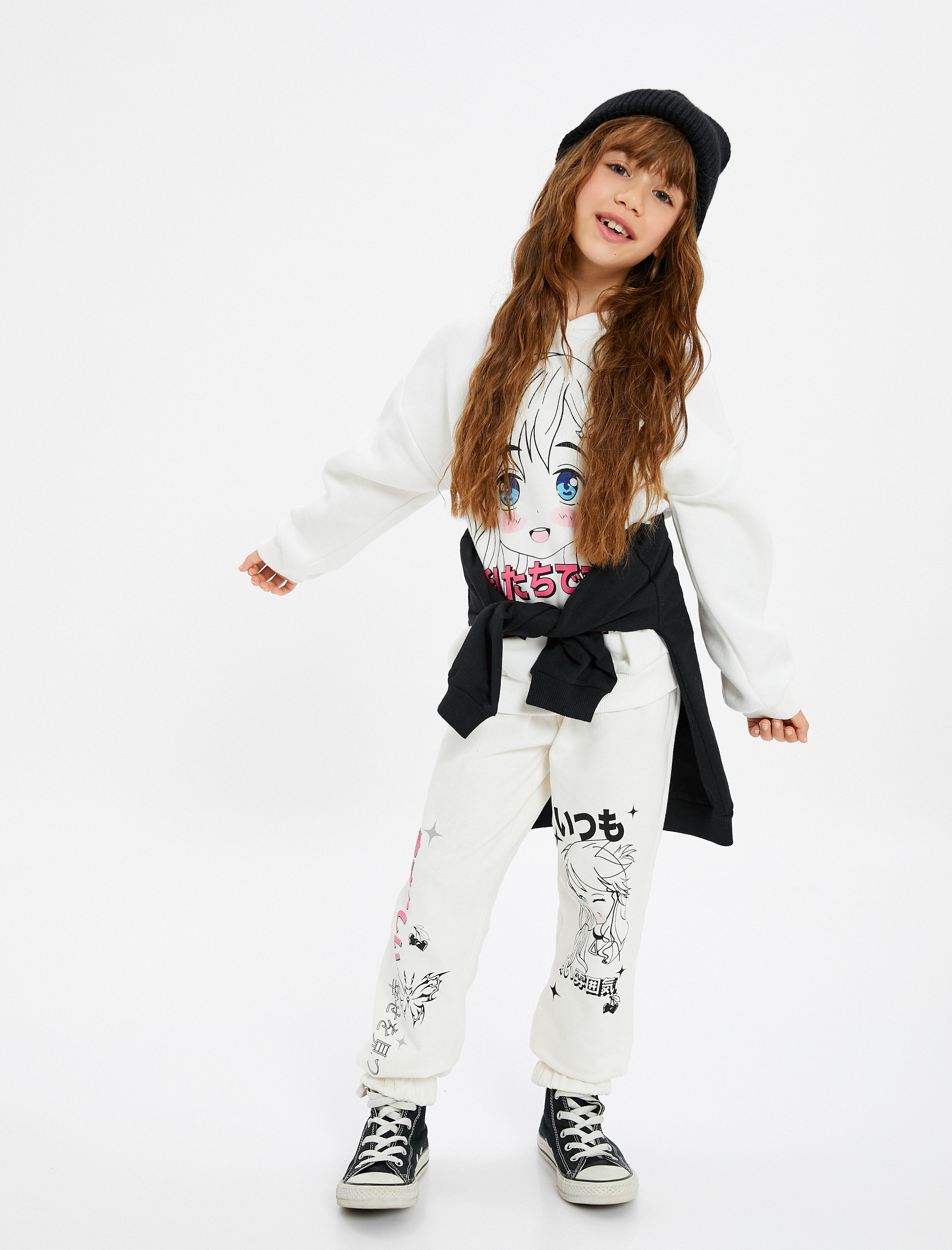  Kız Çocuk Jogger Eşofman Altı Japon Baskılı Cepli Beli Lastikli Pamuklu Şardonlu