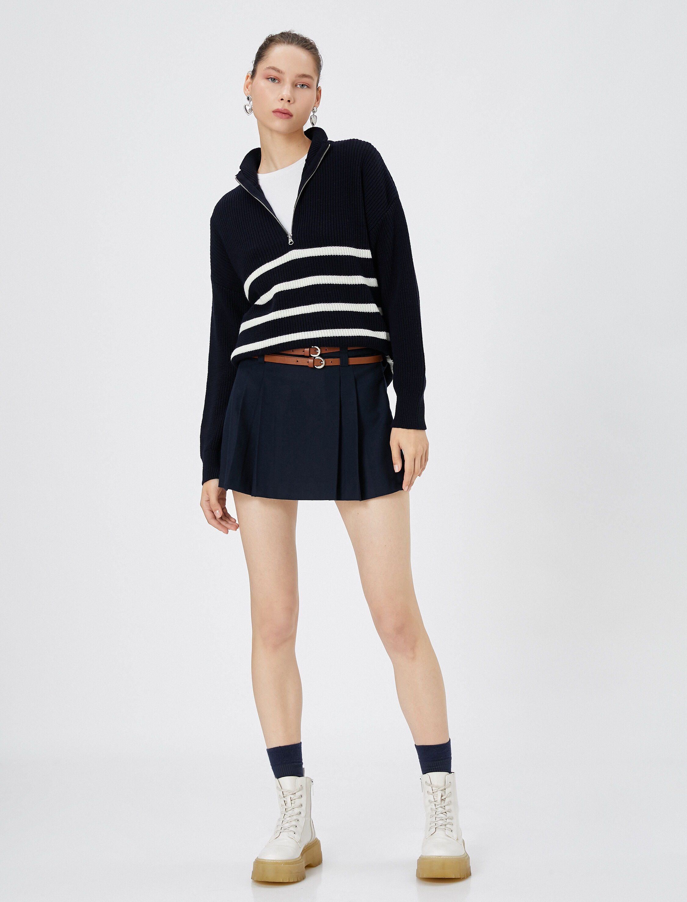   Triko Kazak Yarım Fermuarlı Dik Yaka Uzun Kollu