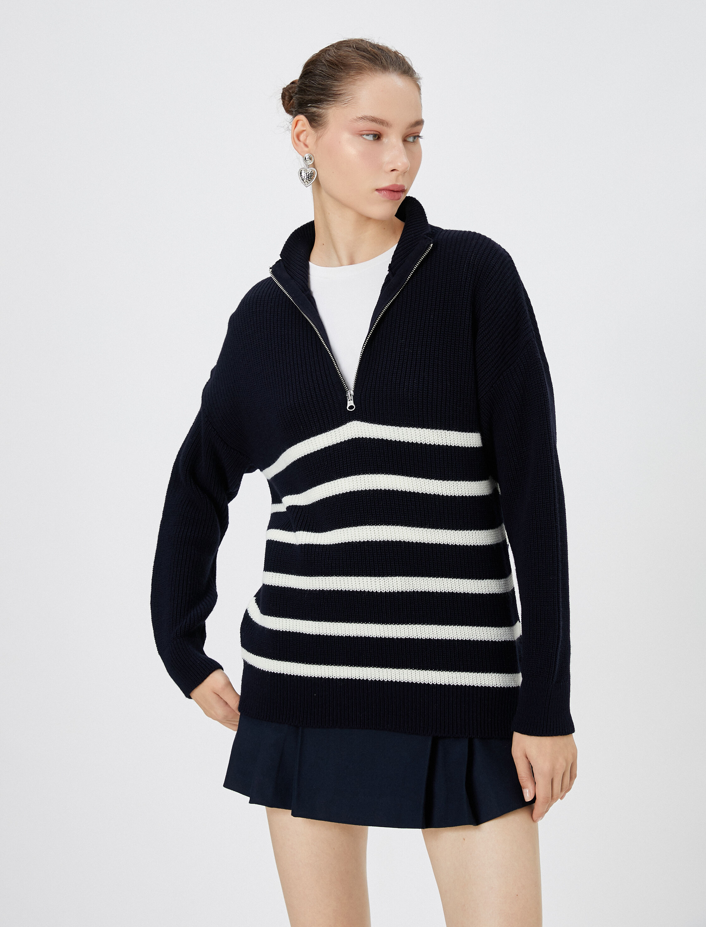   Triko Kazak Yarım Fermuarlı Dik Yaka Uzun Kollu