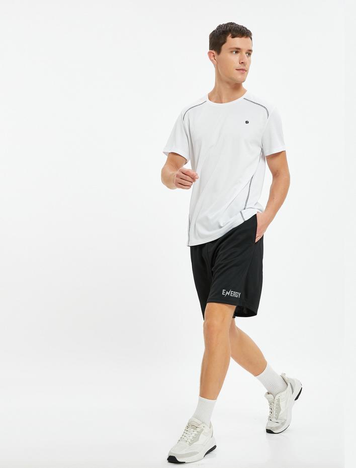  Spor Şort Slogan Baskılı Beli Bağcıklı Cep Detaylı