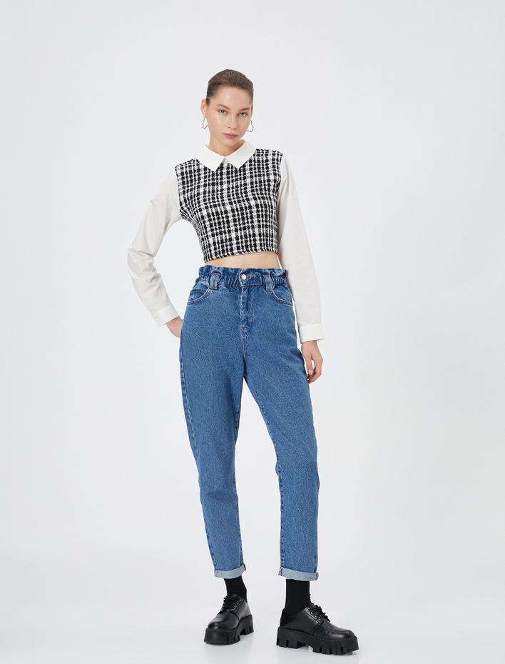  Mom Jean Yüksek Bel Katlamalı Paça Pamuklu Cepli - Mom Jeans